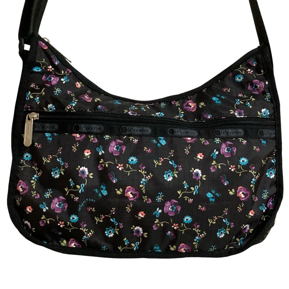 美品 LeSportsac レスポートサック フラワープリント ポーチ付き ショルダーバッグ ブラック レディース 古着 中古 USED