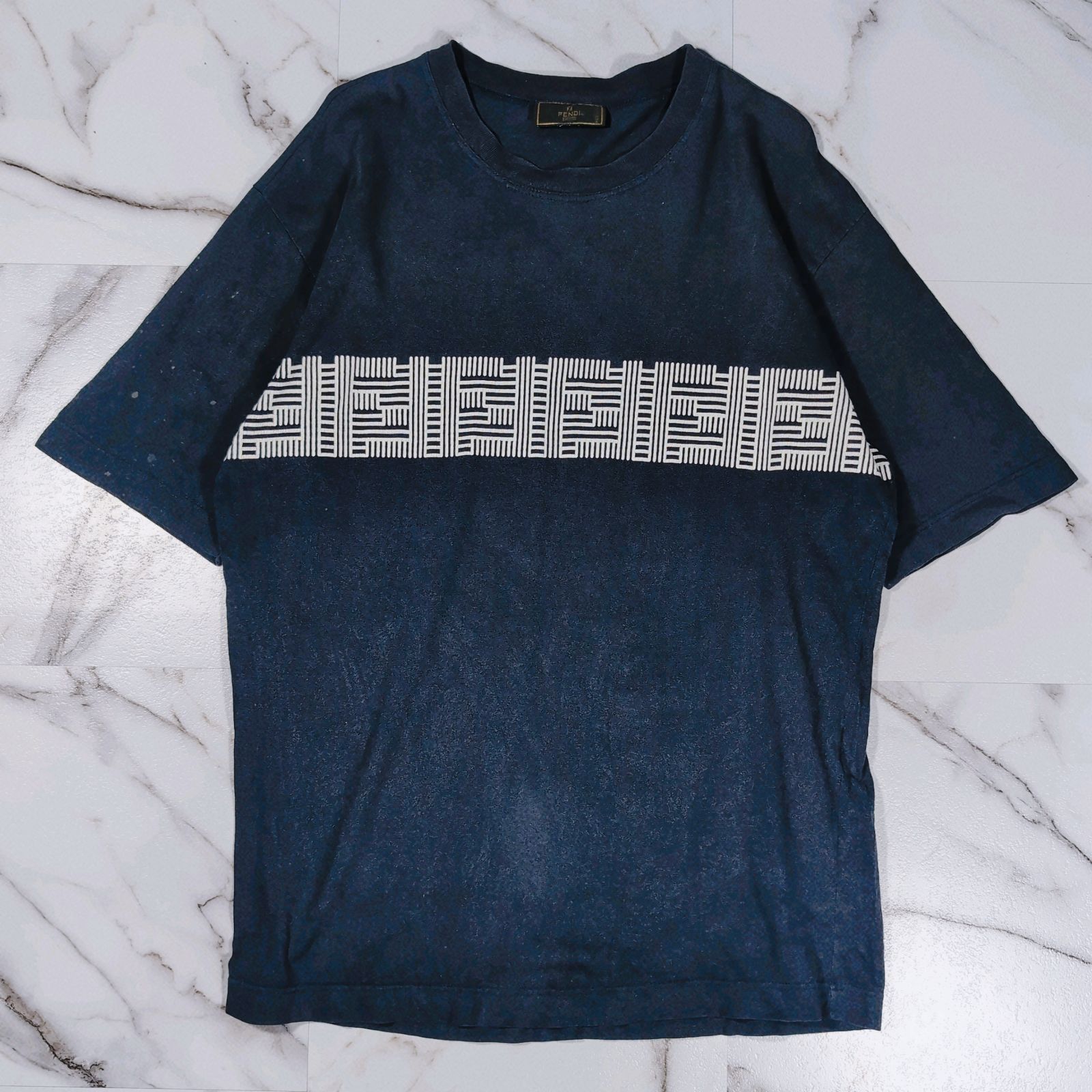 90s FENDI イタリア製 ズッカ柄 S/S TEE XL相当 フェード ネイビー