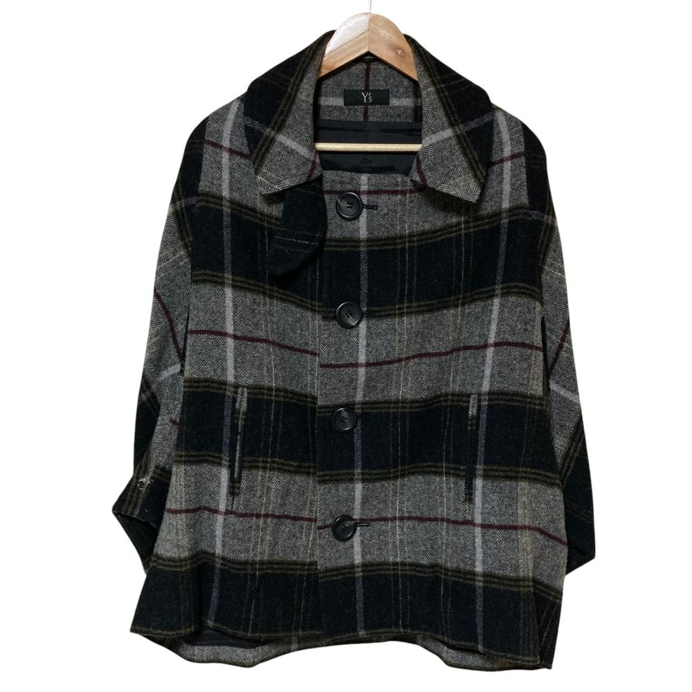 美品 Y'S YOHJI YAMAMOTO ワイズ ヨウジヤマモト チェック柄 ワイドコート YB-C21-122 サイズ2 グレー レディース 古着 中古 USED