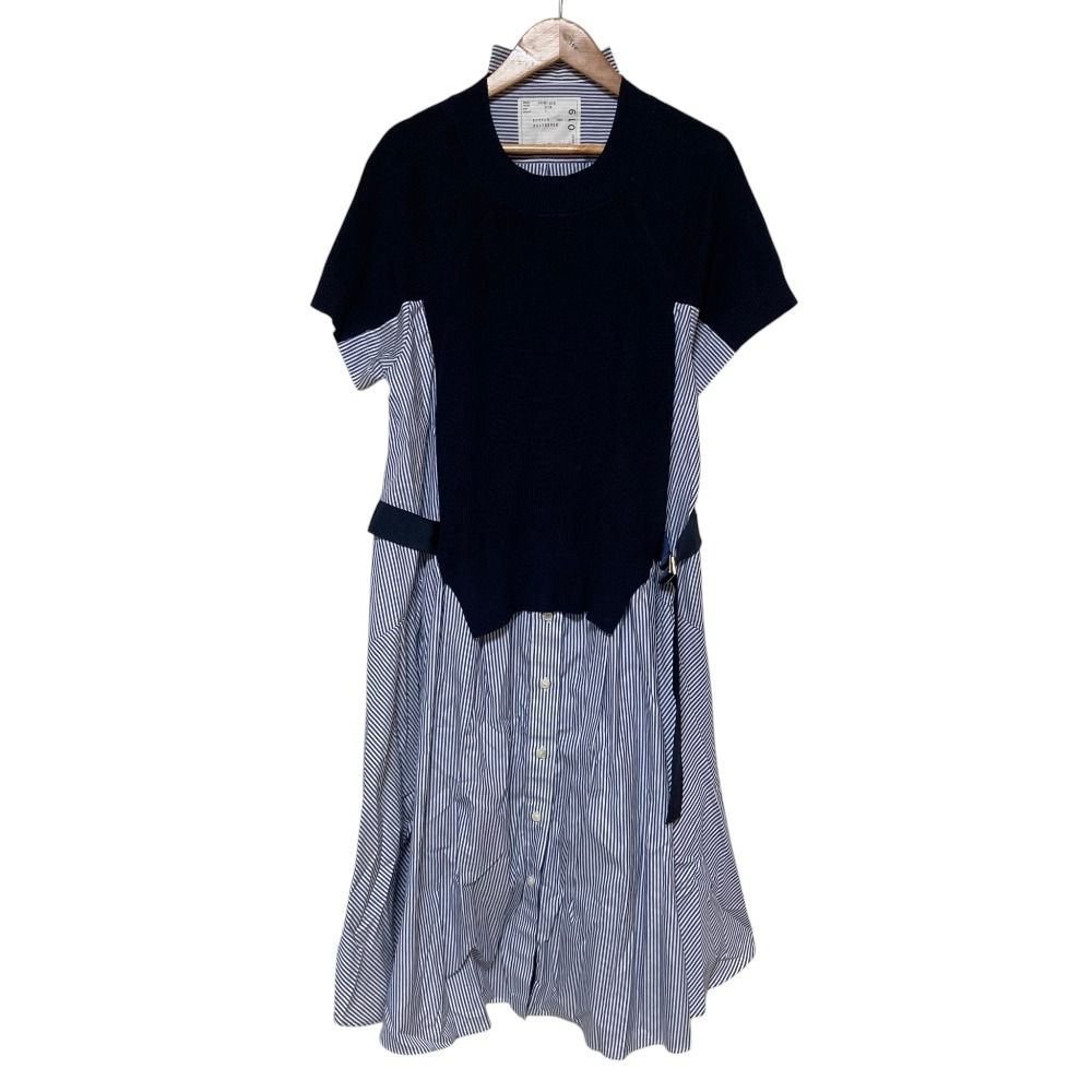 美品 sacai サカイ Cotton Knit Dress ニット切替 シャツワンピース SCW-019 サイズ1 ネイビー レディース 古着 中古 USED