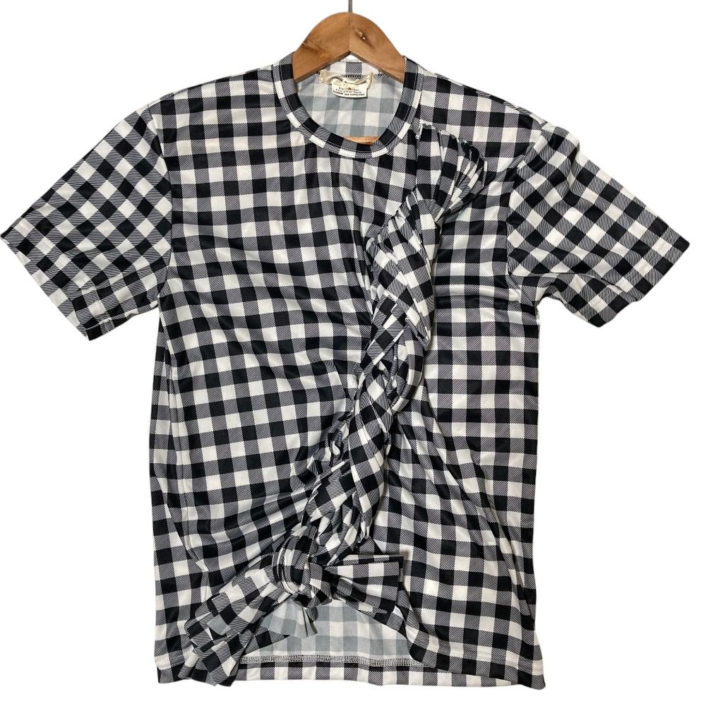 美品 COMME des GARCONS コムデギャルソン AD2025 チェック ラッフルディテール Tシャツ GP-T021 サイズS ブラック レディース 古着 中古 USED