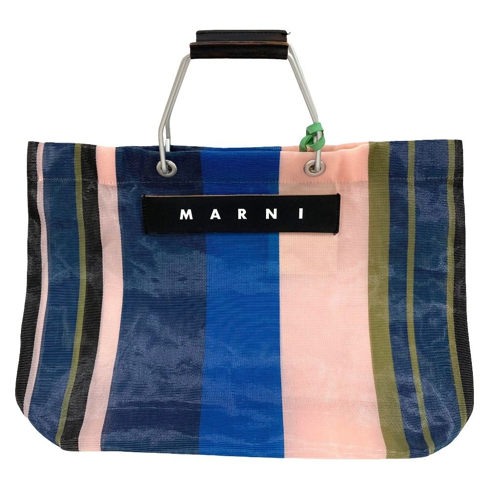 美品 MARNI マルニ フラワーマーケット ストライプ メッシュ トートバッグ ショッピングバッグ マルチカラー レディース 古着 中古 USED