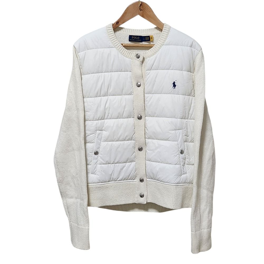 良品 POLO RALPH LAUREN ポロラルフローレン キルティング 切替 ノーカラー ニットジャケット ブルゾン L ホワイト レディース 古着 中古 USED