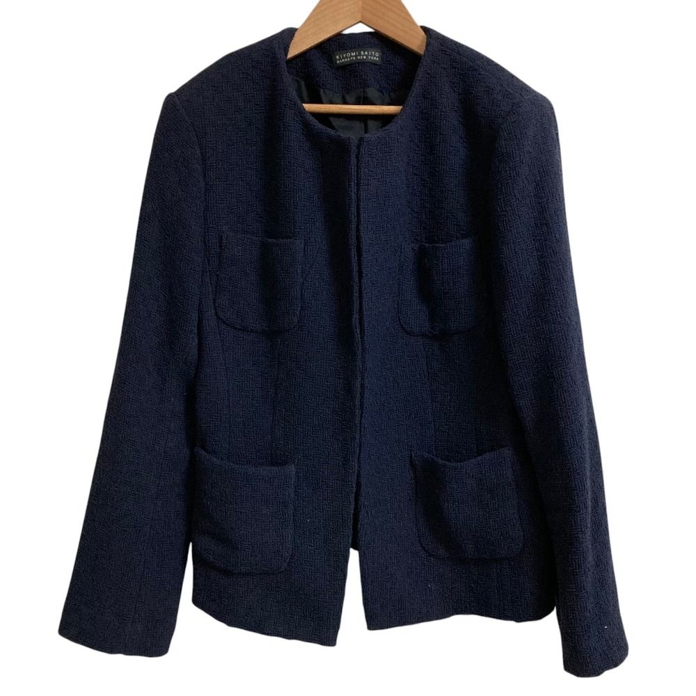 良品 KIYOMI SAITO BARNEYS NEWYORK キヨミサイトウ バーニーズニューヨーク 別注 LINTON ノーカラージャケット サイズ40 ネイビー レディース 古着 中古 USED