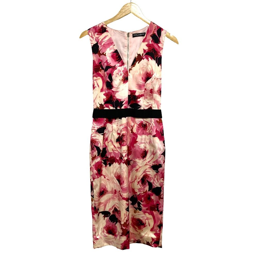 美品 DOLCE&GABBANA ドルチェアンドガッバーナ ローズプリント ノースリーブ ワンピース ドレス サイズ40 ピンク レディース 古着 中古 USED