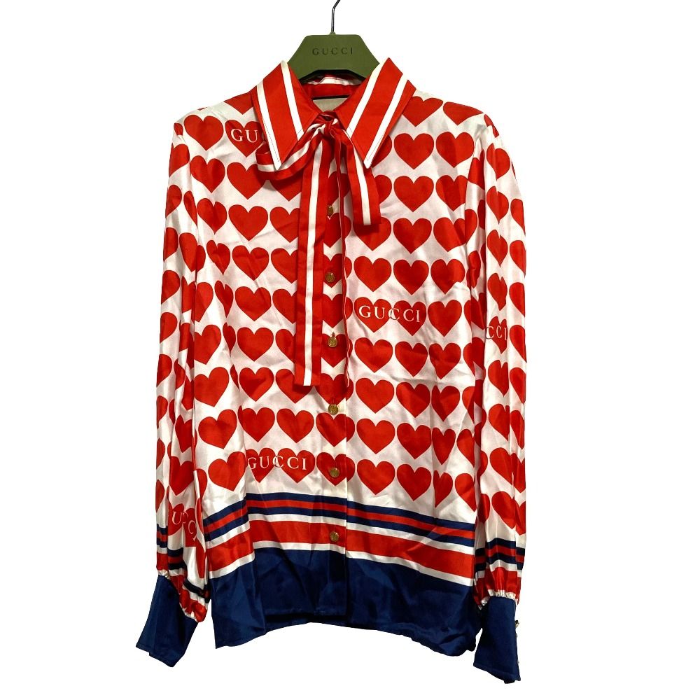 美品 GUCCI グッチ ハートプリント ボウタイ付き シルクブラウス 686549 サイズ36 レッド レディース 古着 中古 USED