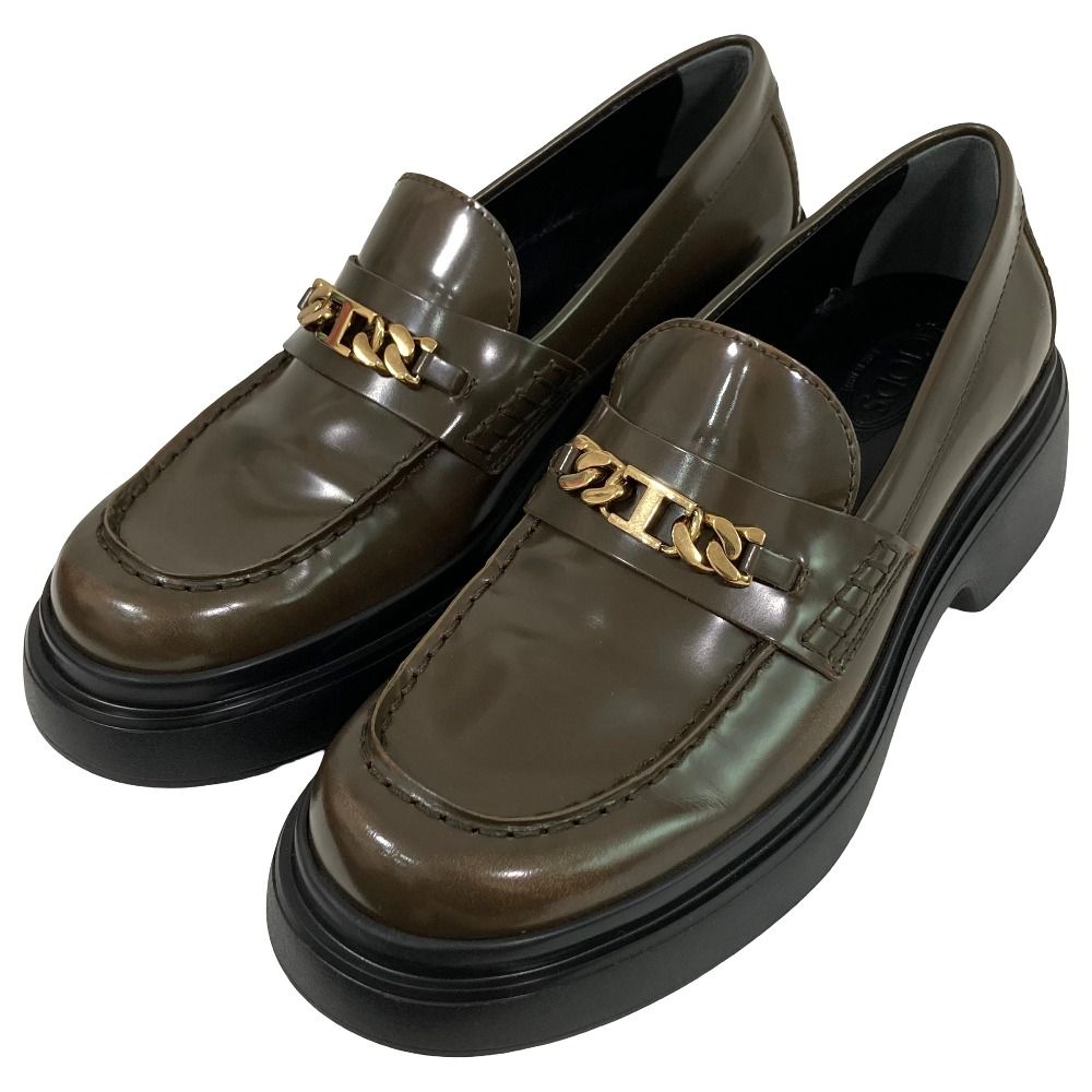 新品同様 TOD'S トッズ Tタイムレス チェーン レザー ローファー シューズ サイズ35.5 約22.5cm ブラウン レディース 古着 中古 USED