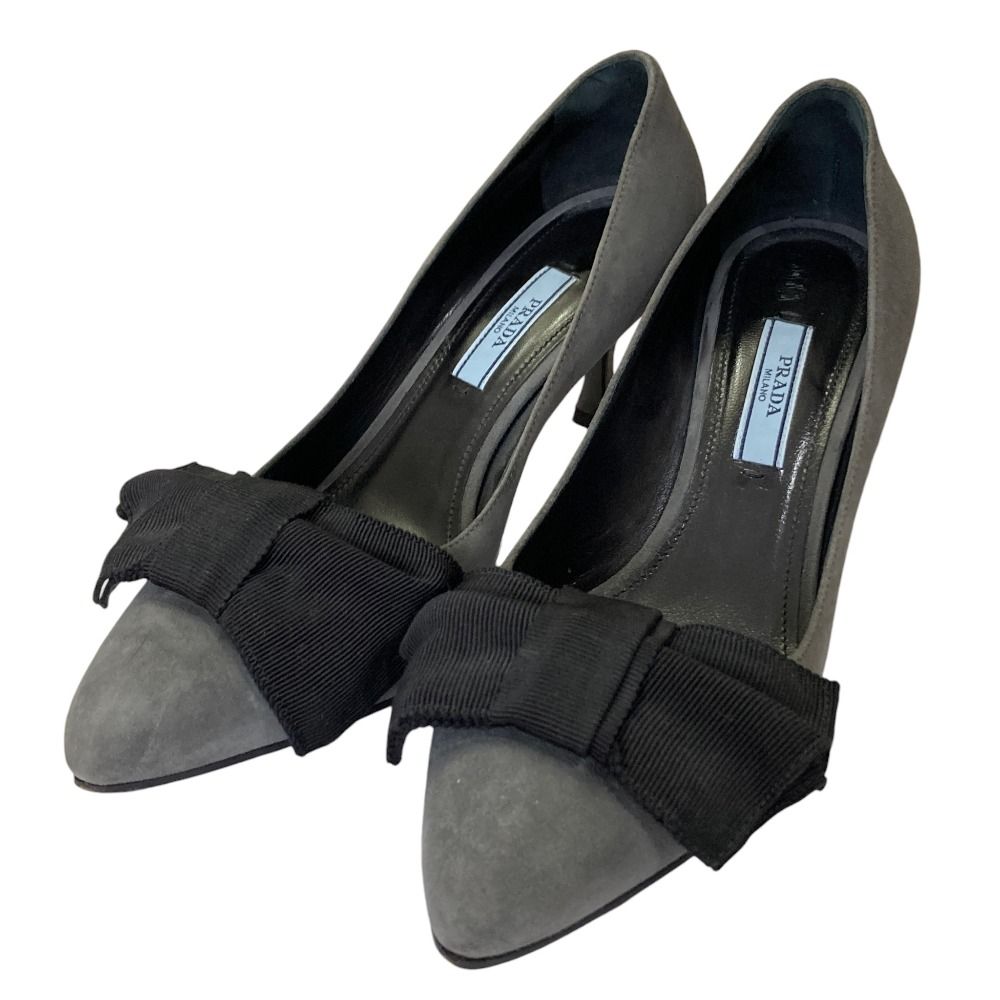 美品 PRADA プラダ スエード ポインテッドトゥ リボンパンプス 36.5 23.5cm相当 グレー レディース 古着 中古 USED
