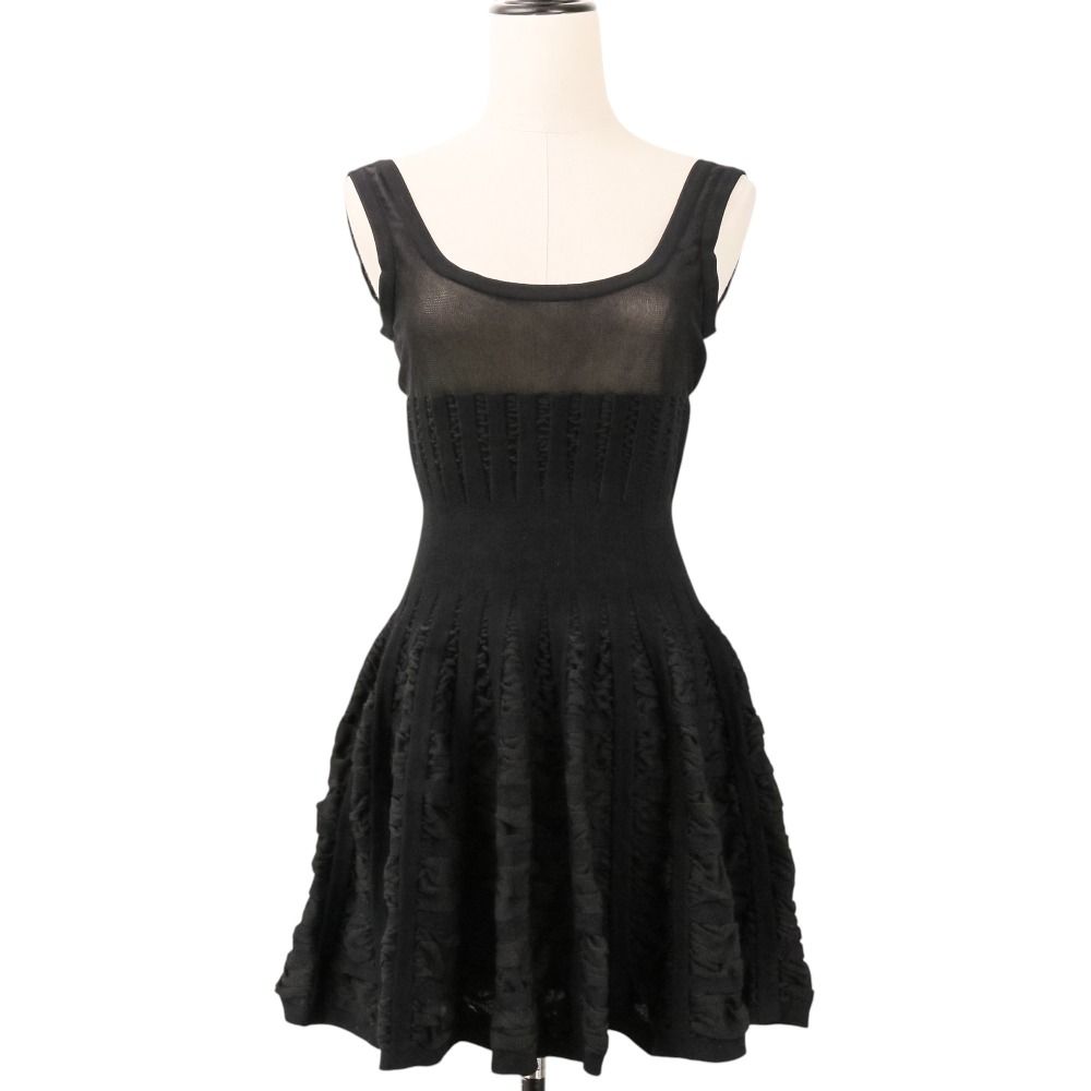 美品 ALAIA アライア ノースリーブ ジャカード ニット ミニワンピース ドレス サイズXS ブラック レディース 古着 中古 USED