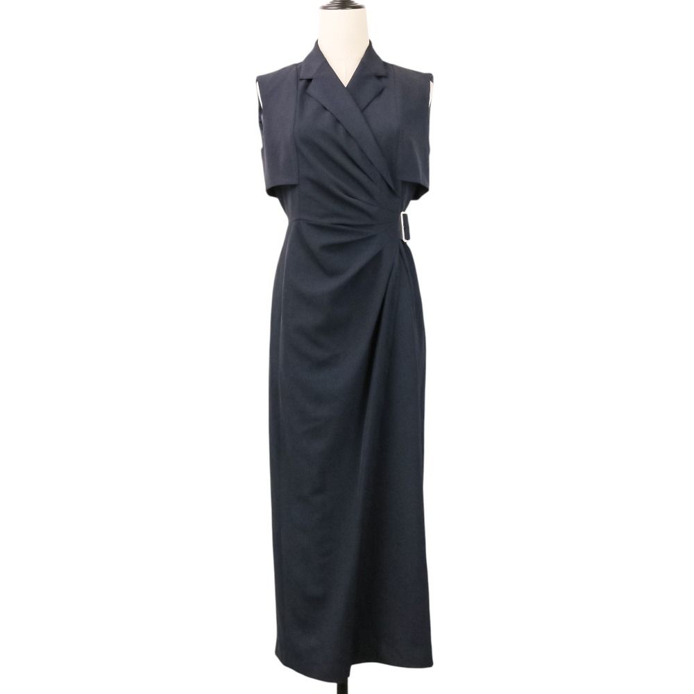 美品 L’AUBE BLANC ローブブラン Side-buckle Drape Dress ノースリーブ ドレス ワンピース 25SU-02 サイズM ネイビー レディース 古着 中古 USED