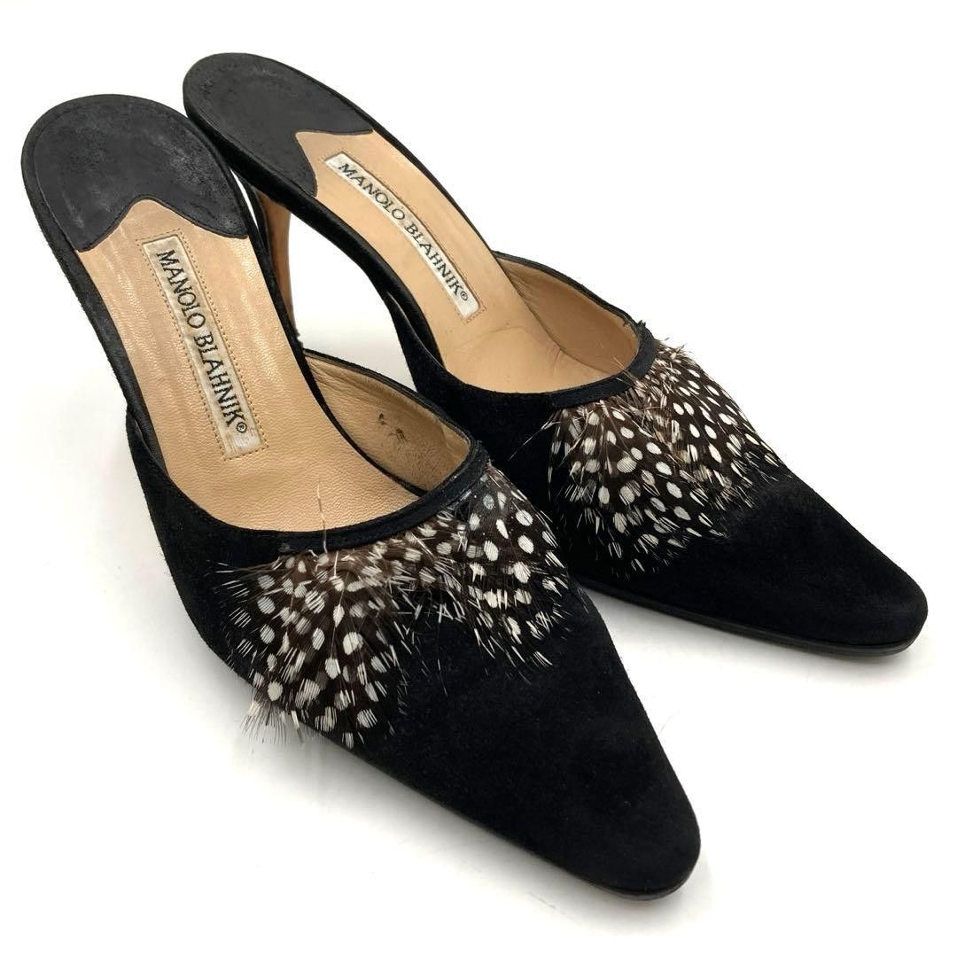 MANOLO BLAHNIK スエードミュール 37 マノロブラニク サンダル 37 スエード 羽 ブラック イタリア製 MANOLO