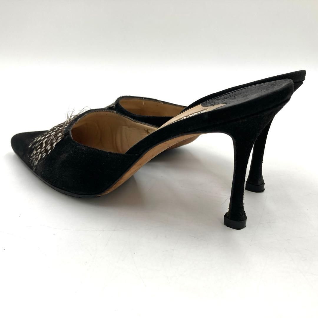 マノロブラニク サンダル 37 スエード 羽 ブラック イタリア製 MANOLO