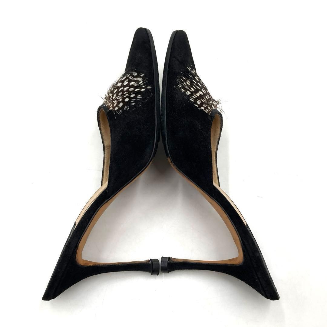 MANOLO BLAHNIK スエードミュール 37 マノロブラニク サンダル 37 スエード 羽 ブラック イタリア製 MANOLO