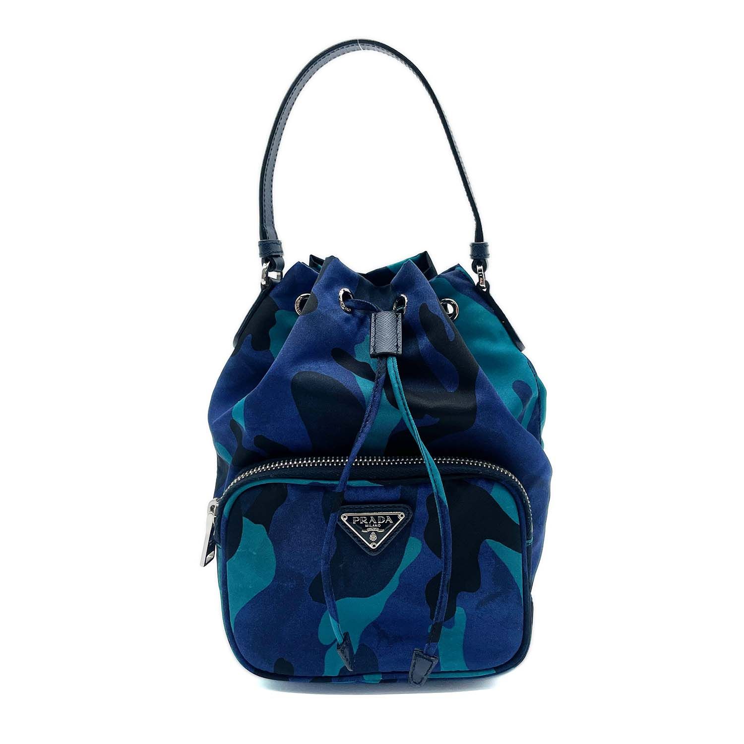 PRADA プラダ 巾着 ショルダーバッグ カモフラ 迷彩 三角プレート トライアングルロゴ 1N1864 ナイロン レザー ブルー ユニセックス 【中古】