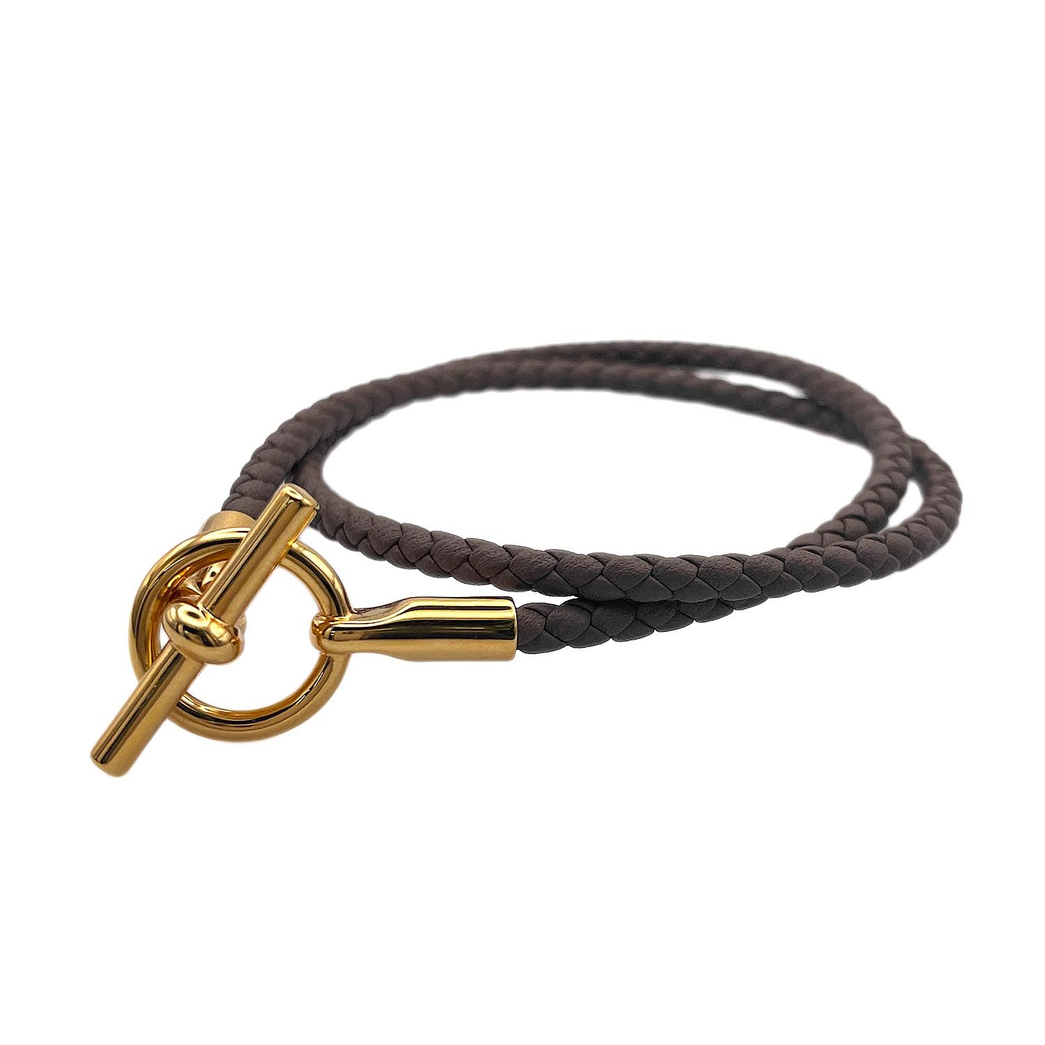 HERMES エルメス グレナン ドゥブルトゥール ブレスレット バングル 2連 レザー メタル ブラウン レディース 【中古】