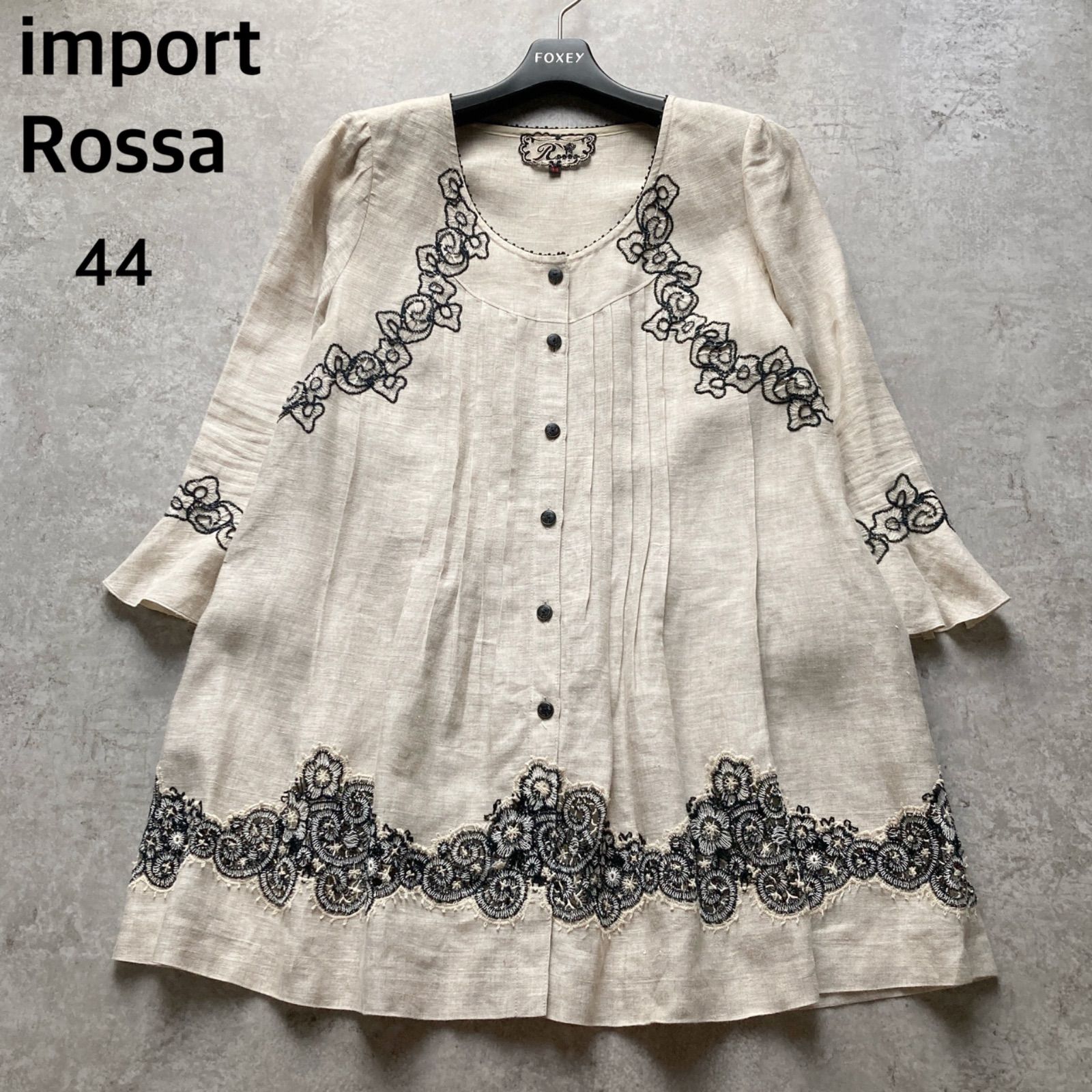 極美品 インポートロッサ Rossa リネン刺繍ブラウス 白 44 麻100％ インポートロッサ import Rossa リネン 麻 綿 ノーカラー シャツ