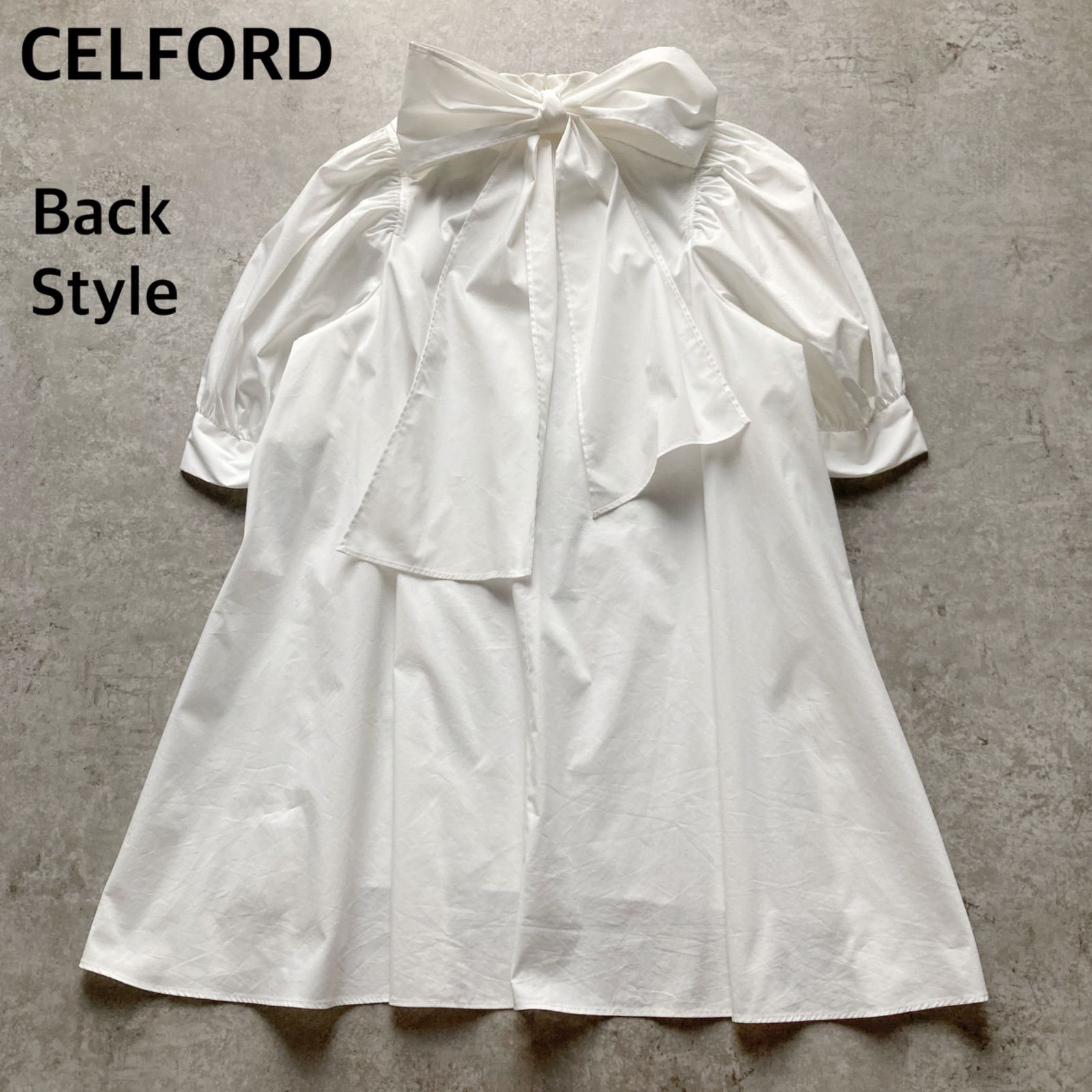 セルフォード CELFORD バックリボンボリュームトップス 綿 コットン ブラウス チュニック パフスリーブ 半袖 五分袖 Aライン フレア スタンドネック 白 ホワイト 36サイズ S相当 お出かけ デート オフィス 上品 大人 フェミニン トレンド 美品