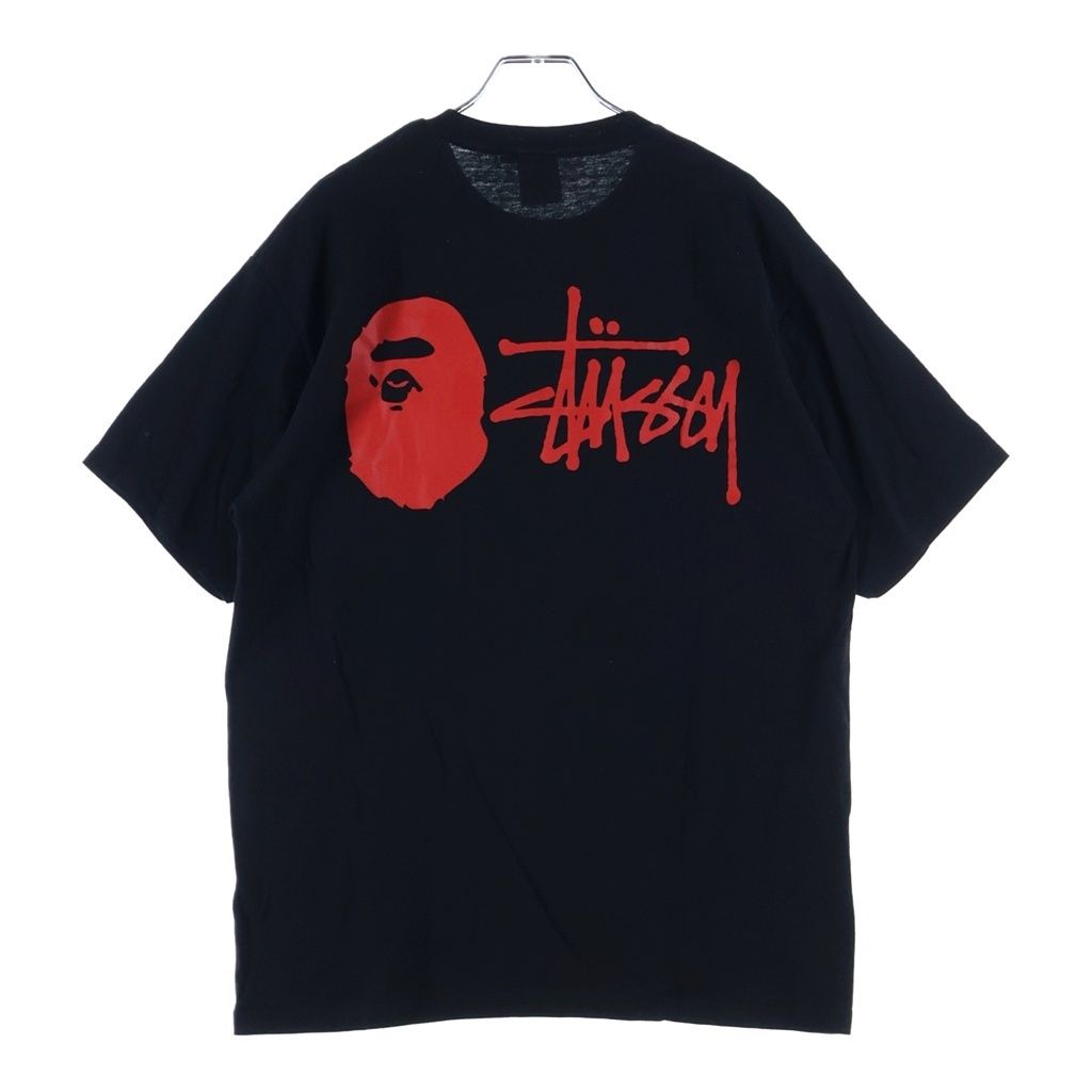 STUSSY (ステューシー) ×A BATHING APE フロント刺繍 バックロゴプリント 半袖Tシャツ カットソー ブラック