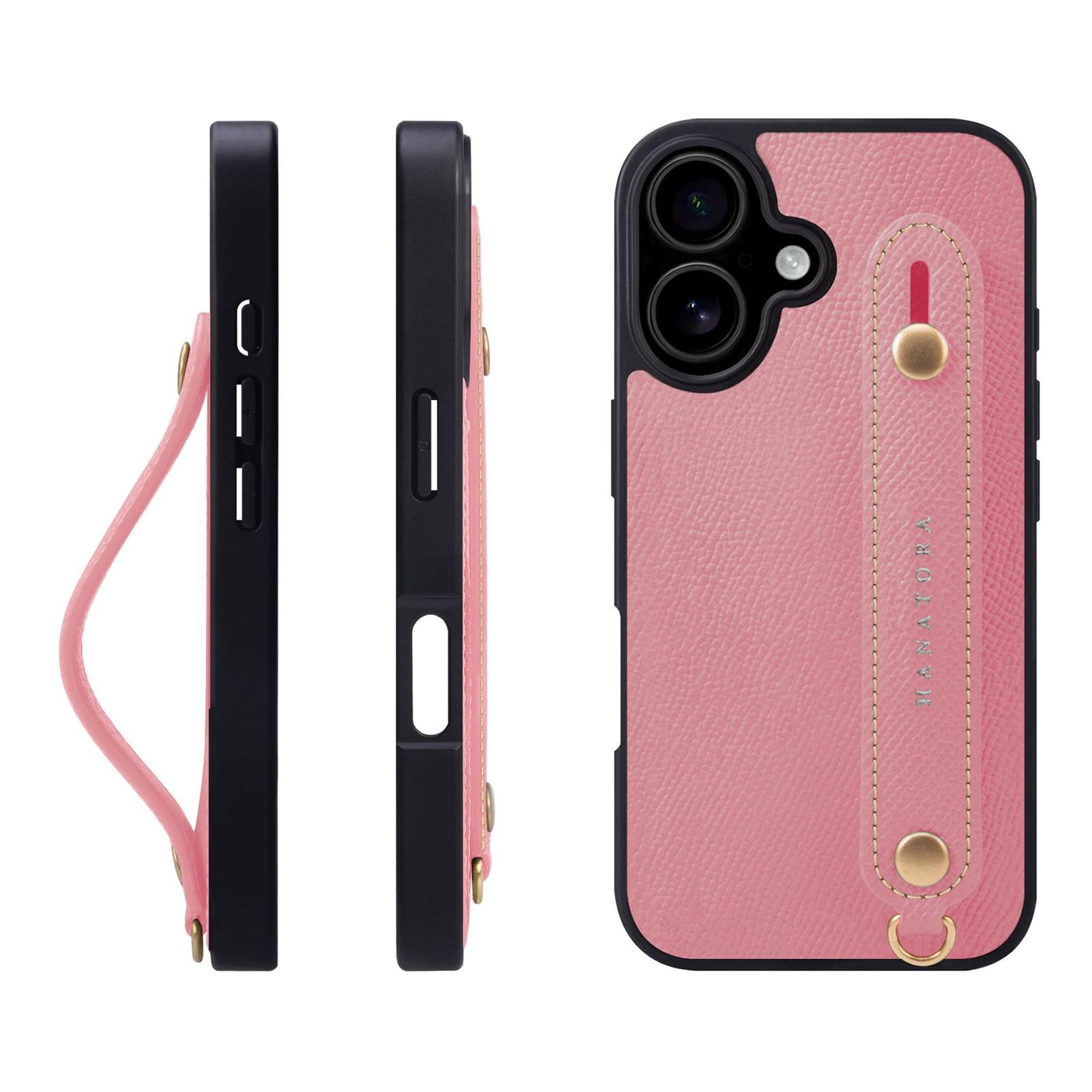 新品 HANATORA for iPhone 17 ケース 本革 耐衝撃 背面ベルト スマホケース スマホ スタンド機能 ネック ストラップ 付き エンボスレザー ギフト マグネットなし ピンク NGH-17-Pink