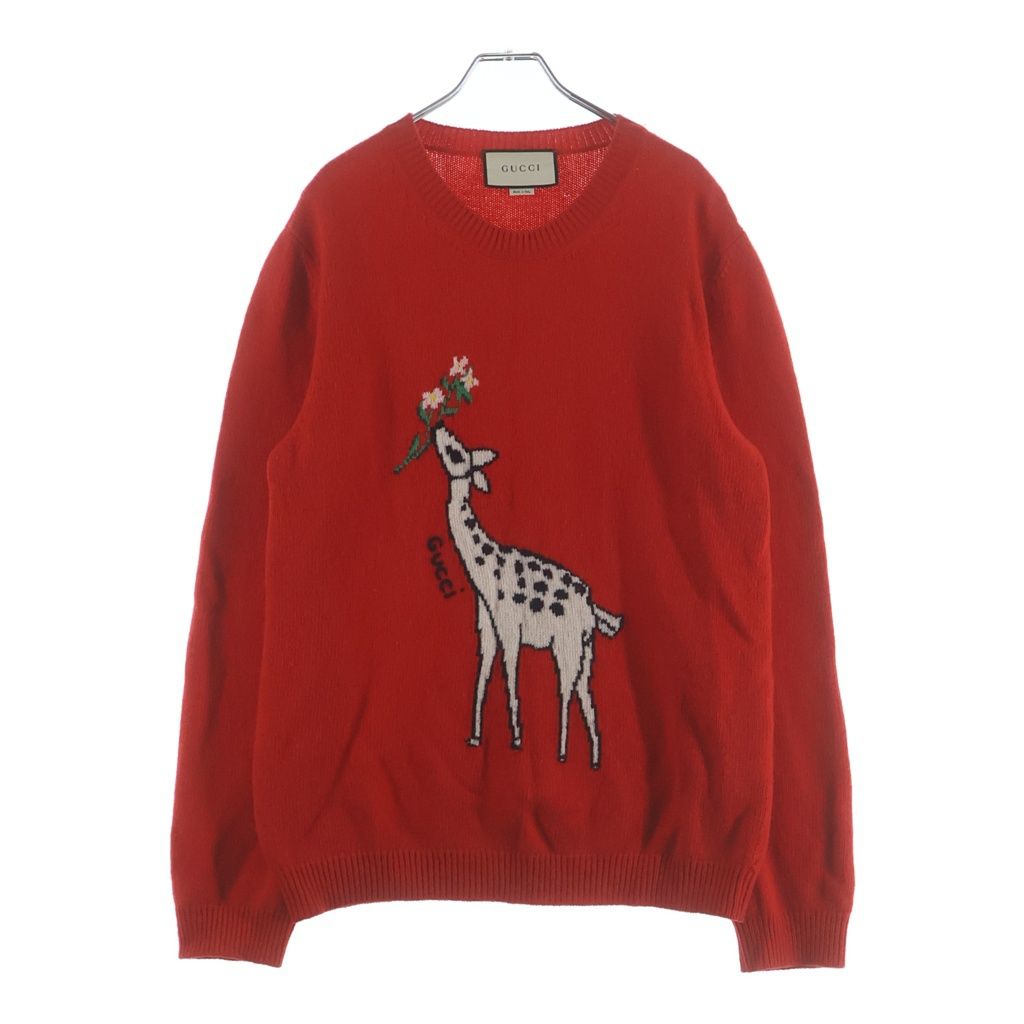 GUCCI (グッチ) Deerlet Wool Sweater ディアレットウールセーター ジラフモチーフ フロントロゴ クルーネックセーター レッド