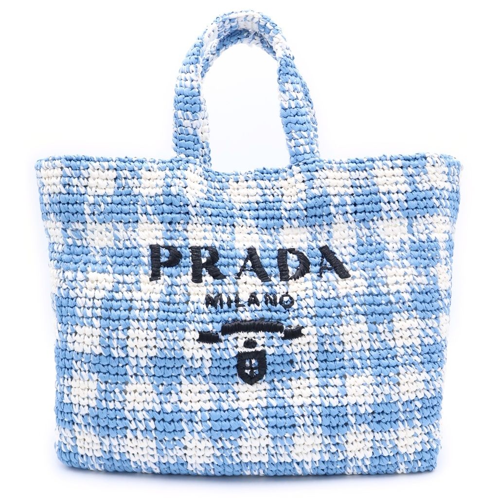 PRADA (プラダ) ラフィア カゴバッグ トートバッグ ハンドバッグ ライトブルー×ホワイト