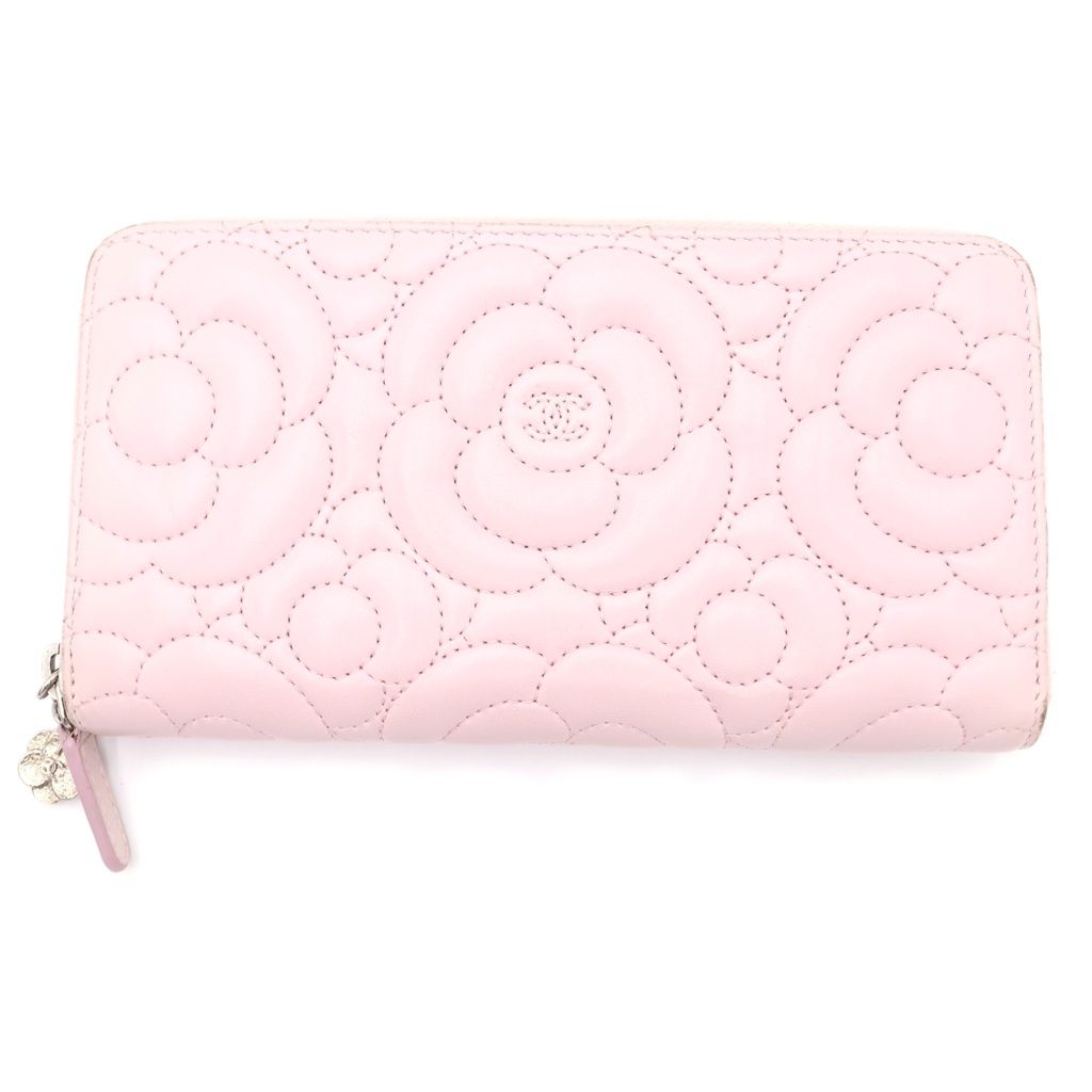 CHANEL (シャネル) カメリア ラウンドファスナー ロングウォレット カードケース ライトピンク ラムスキン シルバー金具