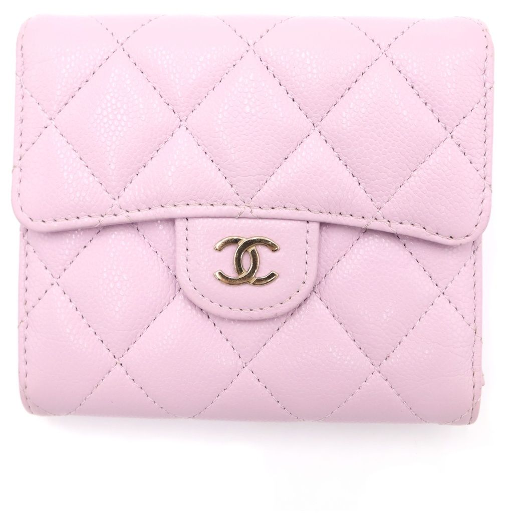 CHANEL (シャネル) マトラッセ 二つ折り財布 コンパクトウォレット コインケース ライトピンク キャビアスキン レザー ゴールド金具