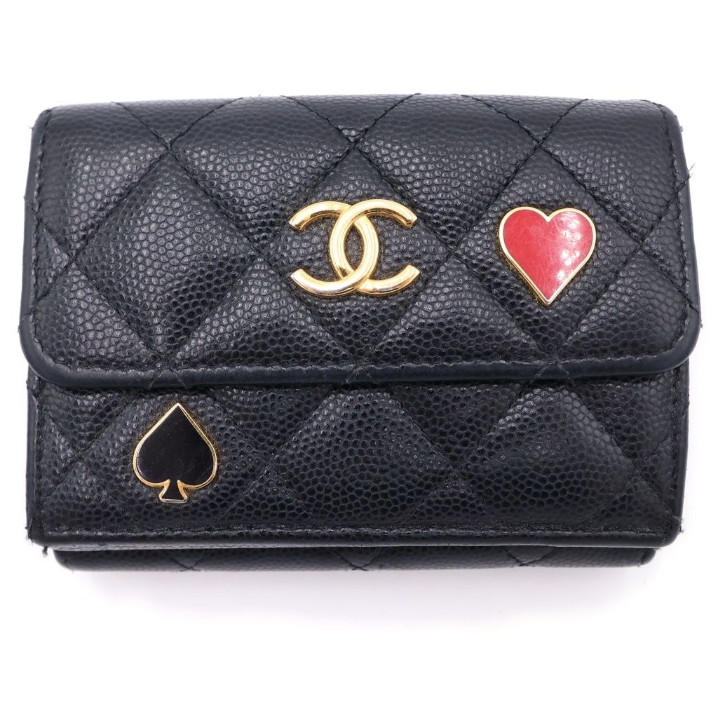 CHANEL (シャネル) ココマーク スペード×ハートチャーム 三つ折り財布 コンパクトウォレット コインケース ブラック キャビア ゴールド金具