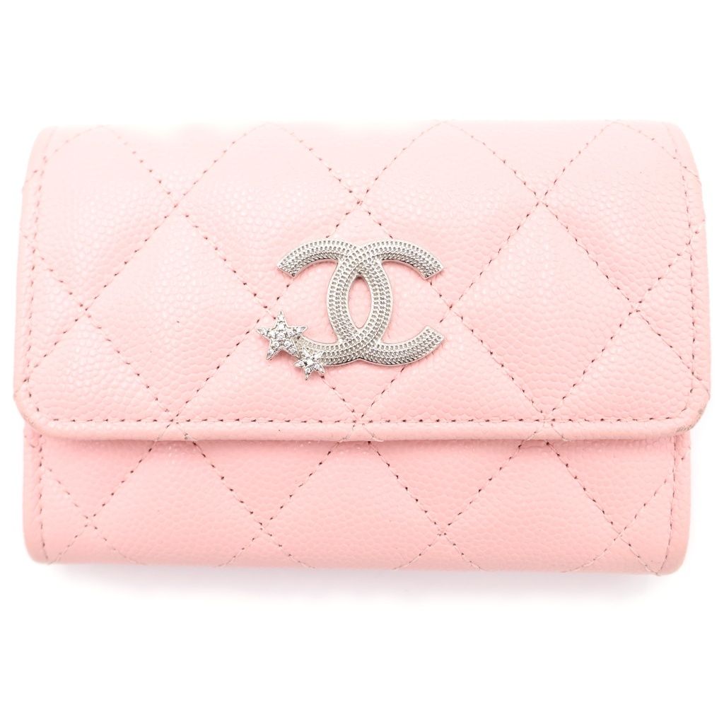 CHANEL (シャネル) マトラッセ スターココ 三つ折り財布 カードケース コンパクトウォレット ピンク キャビアスキン シルバー金具