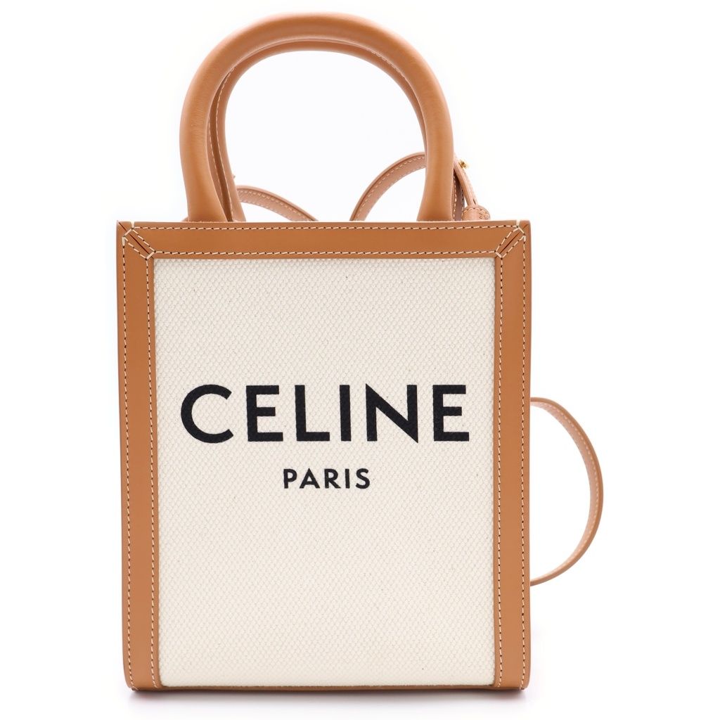 CELINE (セリーヌ) バーティカルカバ ミニ 2WAYバッグ ミニトートバッグ ハンドバッグ ショルダーバッグ アイボリー×ブラウン レザー×キャンバス ゴールド金具