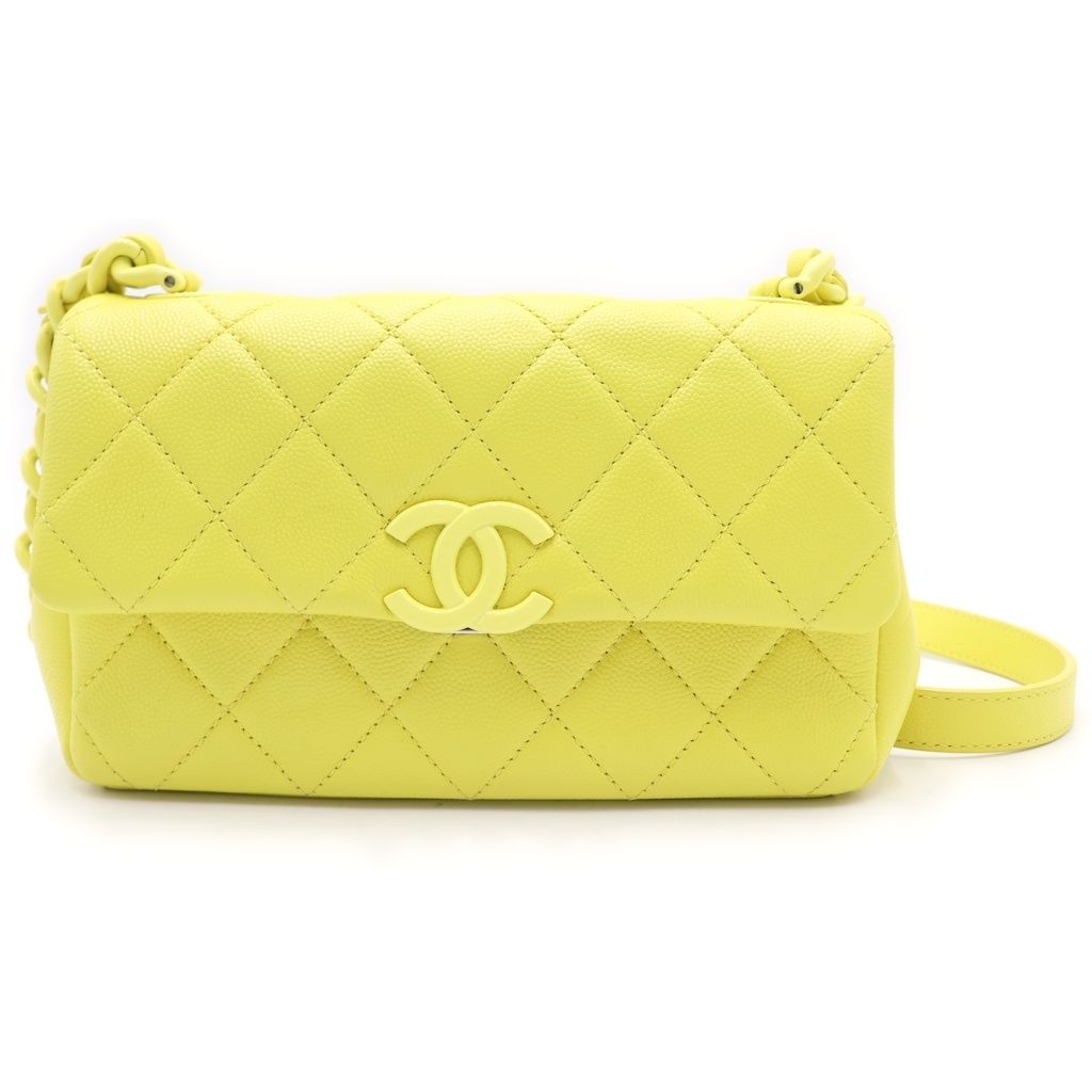 CHANEL (シャネル) マトラッセ20 SフラップSチェーンショルダーバッグ ネオンイエロー キャビアスキン AS2302 イエロー金具