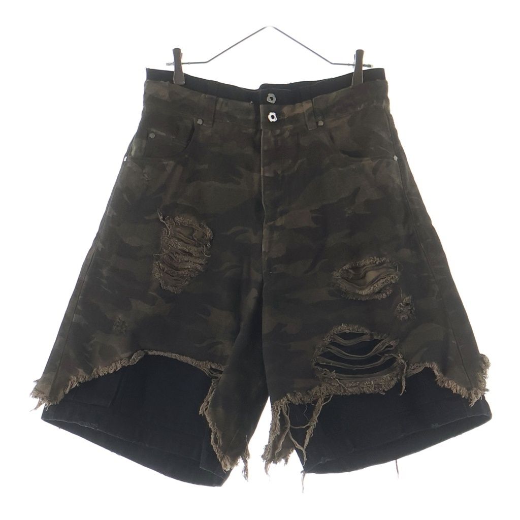 NO BRAND (ノーブランド) UNDERWATER(アンダーウォーター) レイヤード カモ柄 ダメージ ワイド バギー デニム ショーツ ショートハーフパンツ ブラック/カーキ
