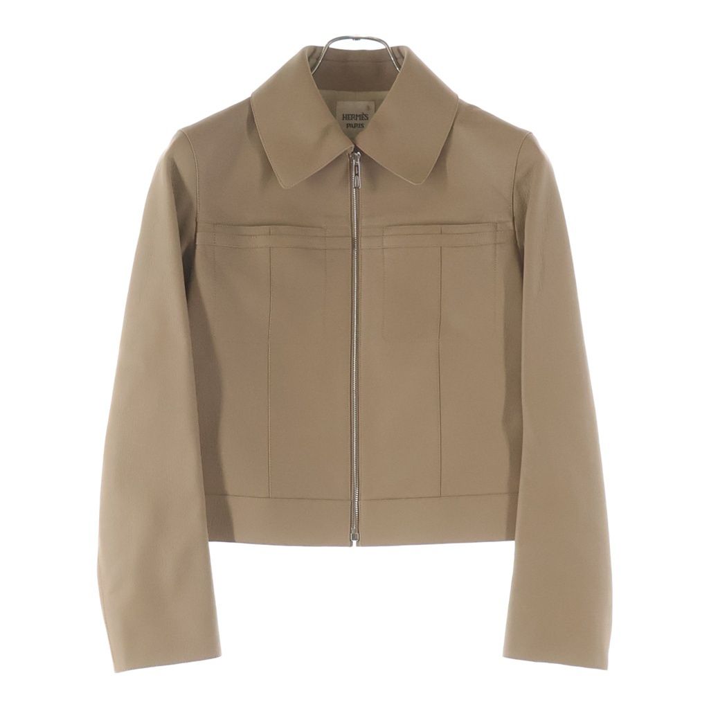 HERMES (エルメス) ゴートレザー シルクレーヨンライナー ジップアップレザージャケット やぎ革 ベージュ レディース