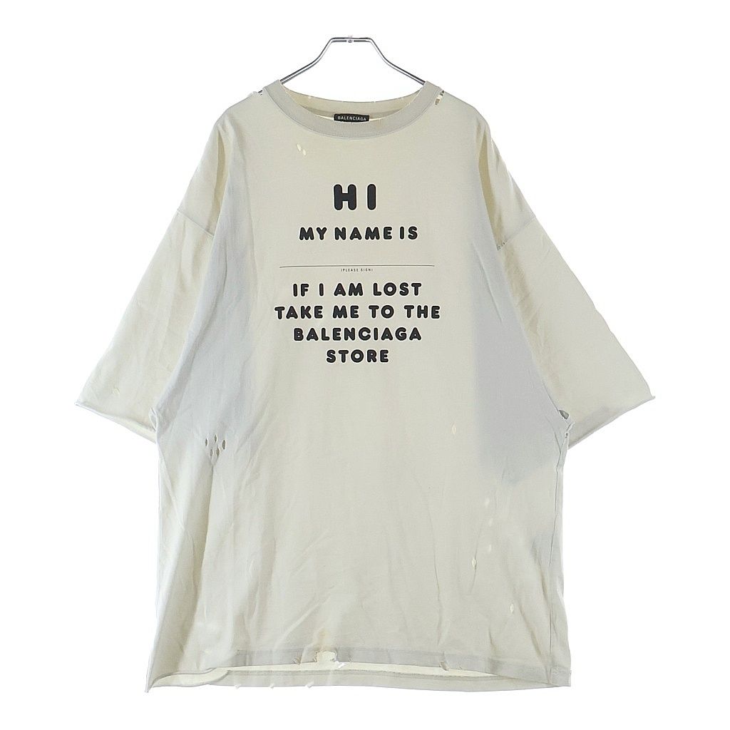 BALENCIAGA (バレンシアガ) 21SS HI MY NAME IS プリント ダメージ加工 半袖Tシャツ カットソー ホワイト 661715 TKVF1