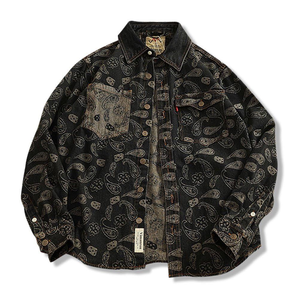 新品 [Firmiarii] デニムシャツ メンズ 秋服 ウォッシュ加工 長袖シャツ ジャケット【レトロアメリカン風】 ウエスタン トップス 糸染め花柄 カジュアル 服 おしゃれ 上着 ストリート系 ジーンズ 日常着 春秋冬 対応
