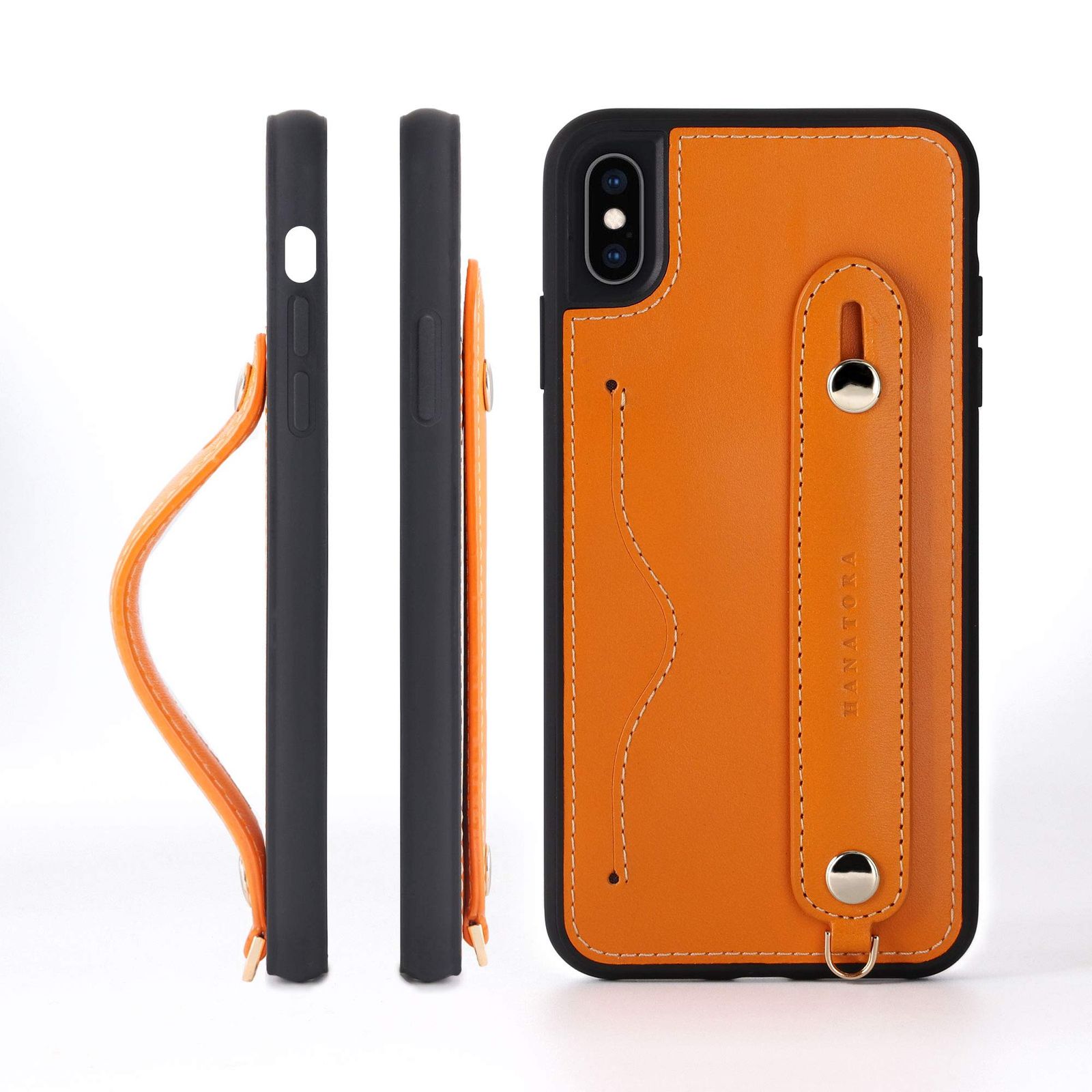 新品 HANATORA for iPhone XSMax ケース 本革 耐衝撃 背面ベルト ストラップリング スマホケース スマホ スタンド機能 ネックストラップ 付き イタリアンレザー ギフト オレンジ CGH-XsMax-Orange