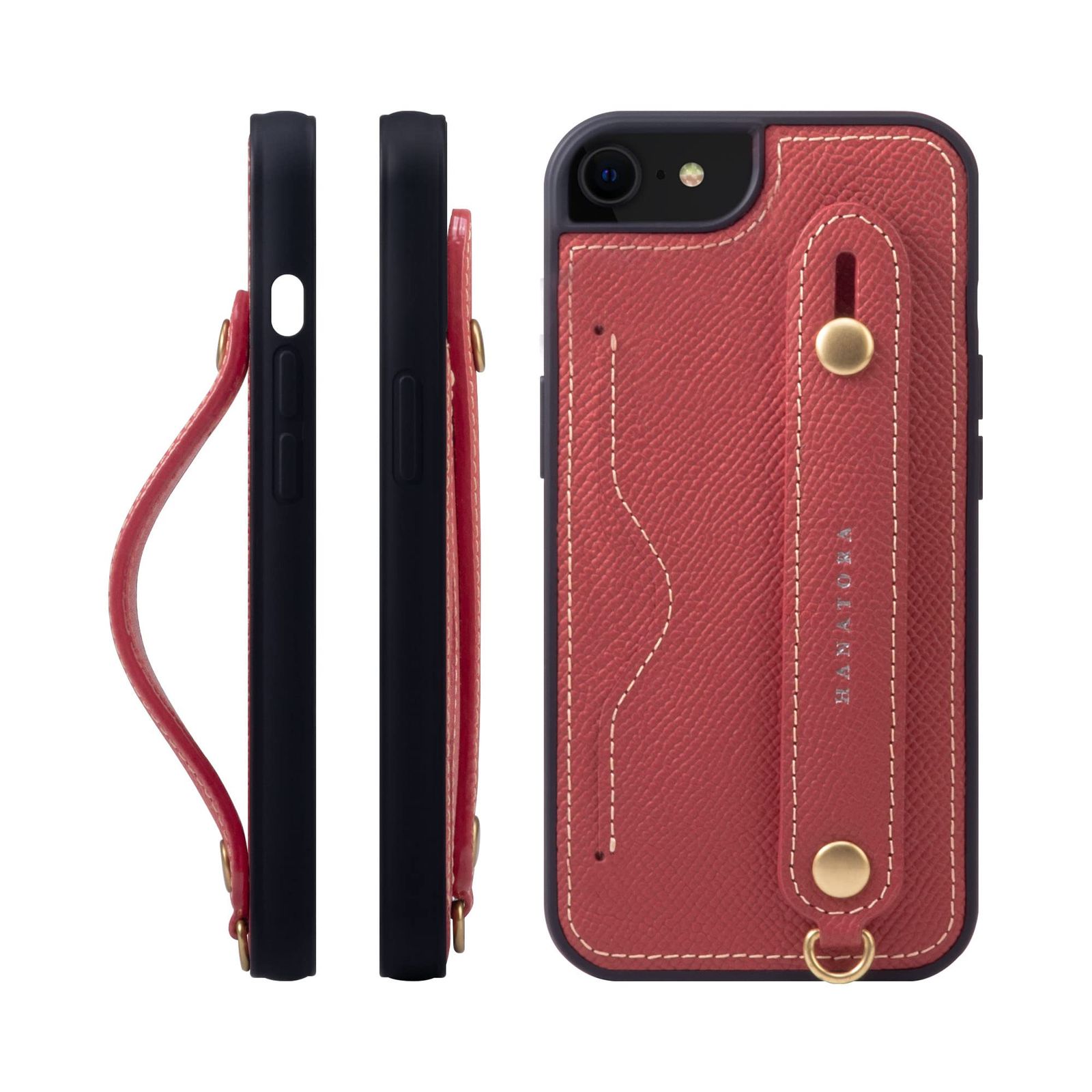 新品 HANATORA for iPhone 8 7 SE3 SE2 (第3世代 第2世代) ケース 本革 耐衝撃 背面ベルト カードポケット スマホケース スマホ スタンド機能 ネック ストラップ 付き エンボスレザー ギフト マグネットなし レッド NCG