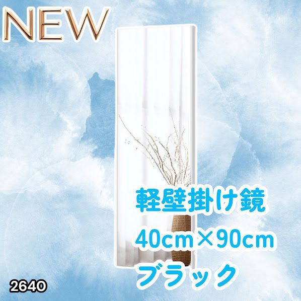 #2640 割れない 壁掛け 鏡 フィルム ミラー ブラック 全身 姿見 幅40cmx高さ90cm 軽量 鮮明な映り 壁掛け用ロープ付 滑り止めゴム脚 専用クリーナークロス付 ※一部地域離島別途配送料有