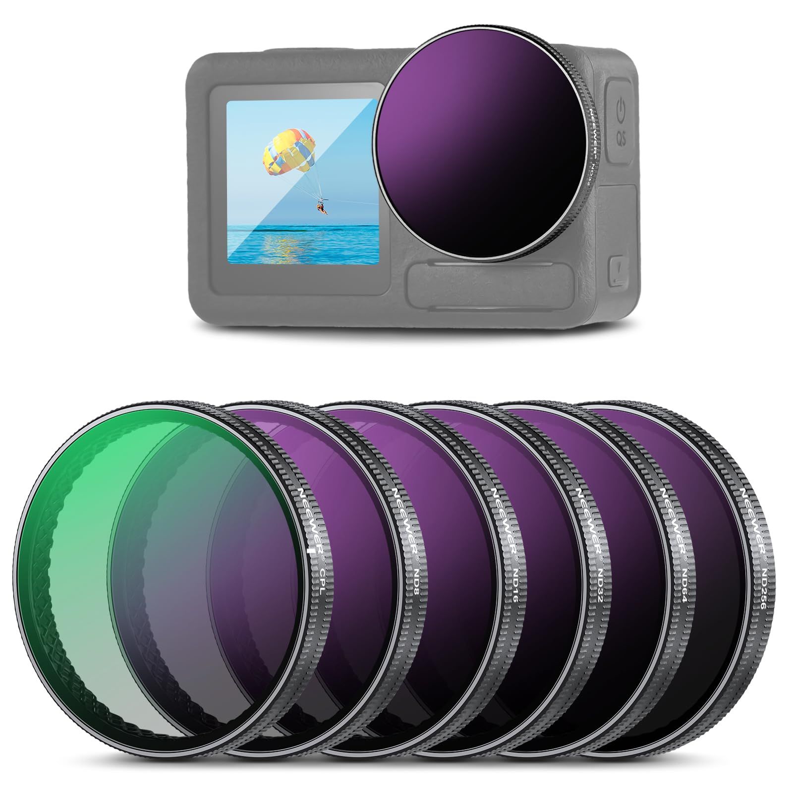 新品 NEEWER スナップオンNDフィルターセット コンパチブル Osmo Action 3/4/5 Pro 6枚 ND8+ND16+ND32+ND64+ND256+CPL 超薄型 複数コーティングHDガラス 減光 偏光 アクションカメラフィルター POV撮
