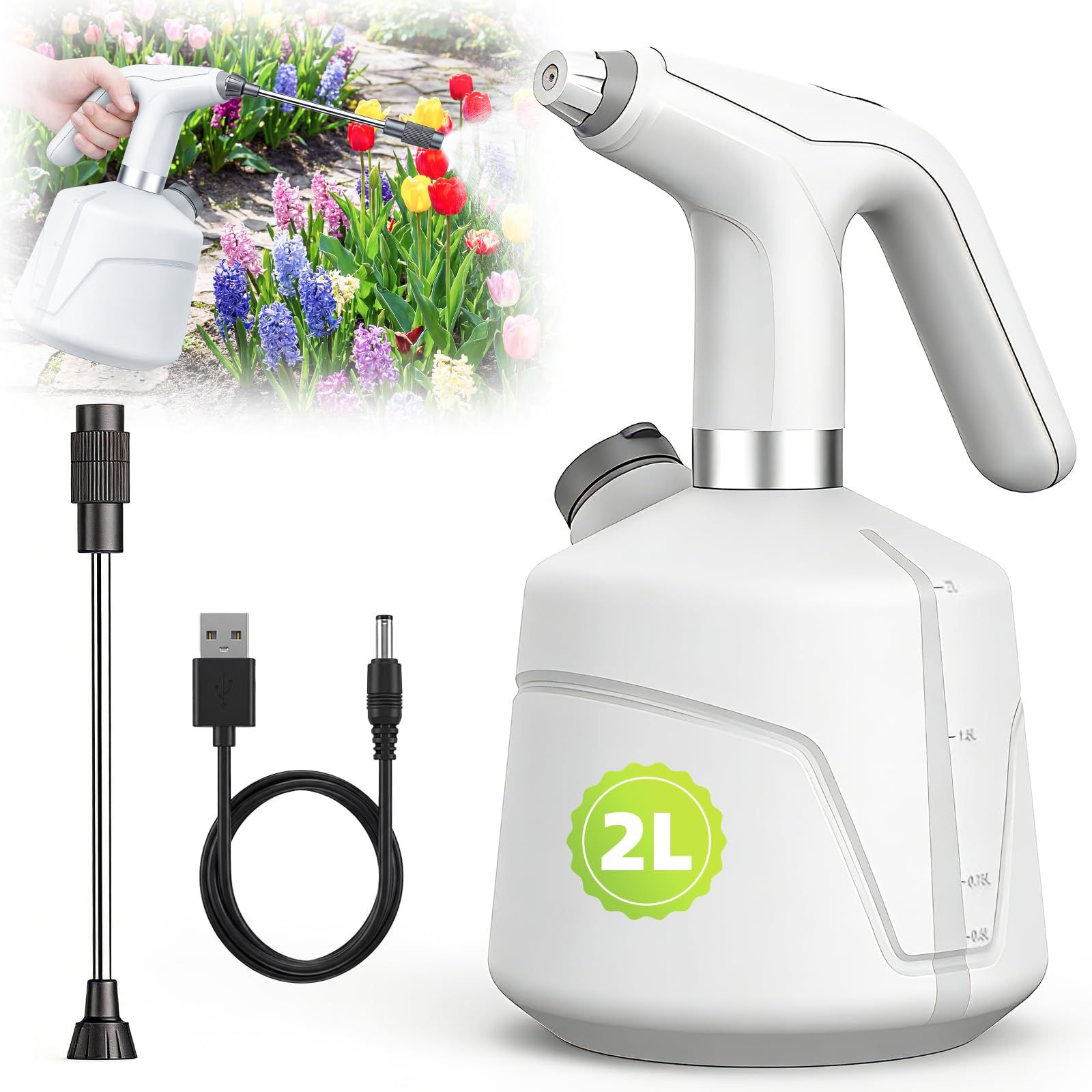 ☆新品☆電動霧吹き 電動式 電動じょうろ 電動スプレー 2L 大容量 充電式 電動噴霧器 延長ノズル付き ワンタッチ自動連続噴射 ミスト/ジェット 2モード切替 1200mAh サイド給水 家庭用 園芸 水やり 消毒 洗車 989ba191