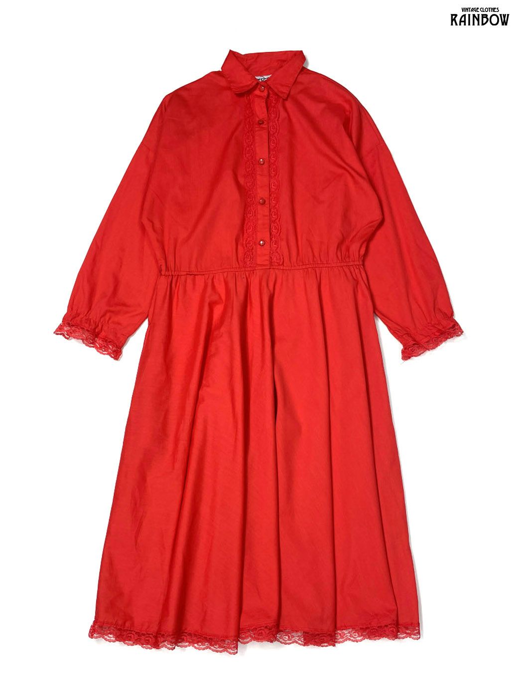 古着 The American Shirt Dress アメリカ製 レース 無地 コットン ロング丈 長袖 ワンピース 赤 (otu2603018)