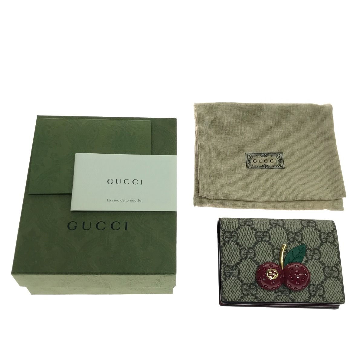 GUCCI グッチ 2つ折り財布 GGスプリーム チェリー ミニウォレット 石2個取れ 476050 ブラウン×レッド