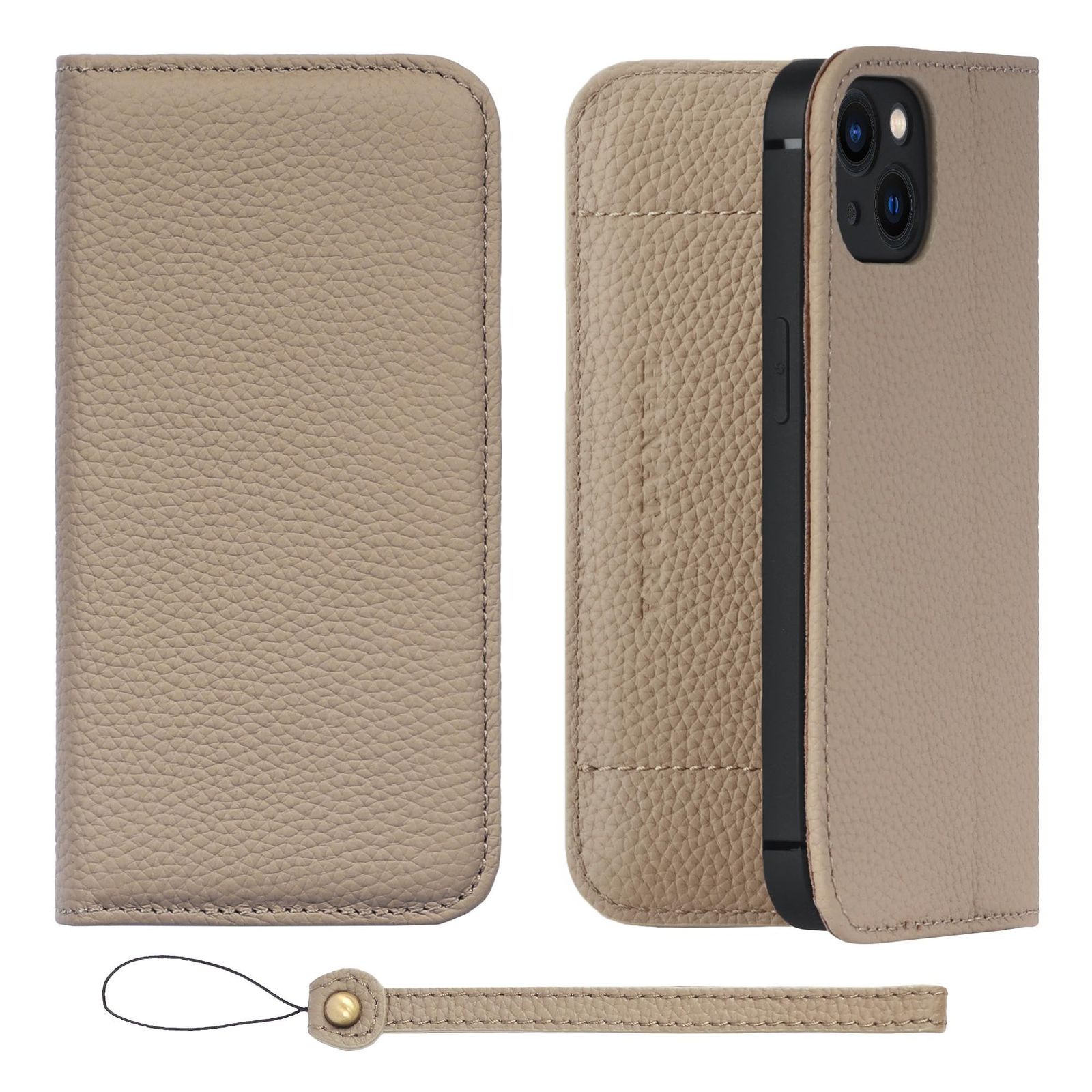新品 HANATORA for iPhone 13 ケース 手帳型 本革 スマホケース スマホ スタンド ストラップ 付き シュリンクカーフレザー ベルトなし マグネットなし グレージュ H1SPA-13-Grege ギフト 誕生日 女性 男性 彼女 お母さん