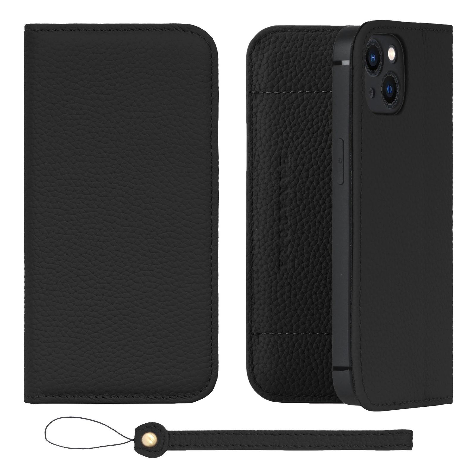 新品 HANATORA for iPhone 13 ケース 手帳型 本革 スマホケース スマホ スタンド ストラップ 付き シュリンクカーフレザー ベルトなし マグネットなし ブラック H1SPA-13-Black ギフト 誕生日 女性 男性 彼女 お母さん