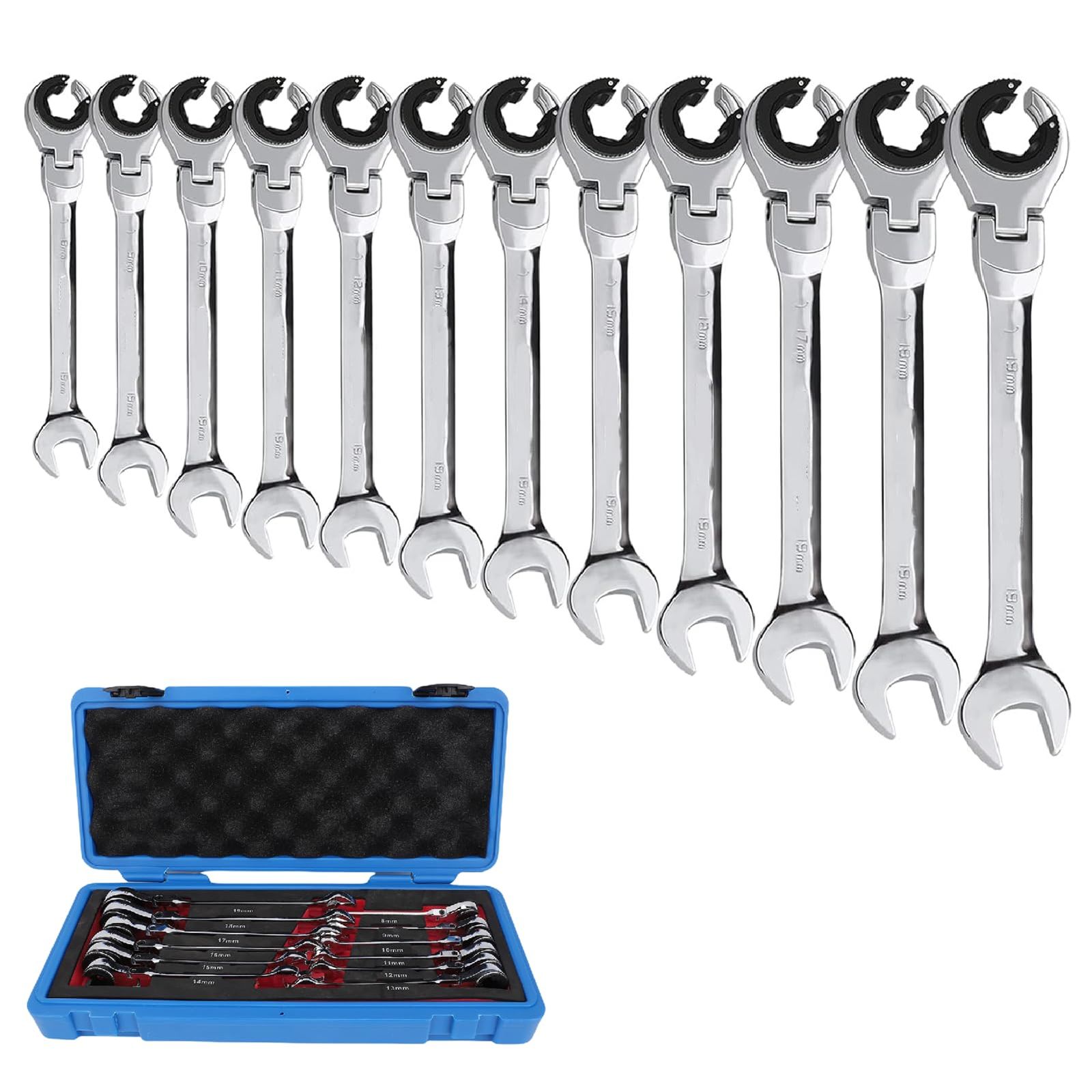 新品 Jiawu メトリックオープンフレックスヘッドラチェットレンチ、12 PCS/セットコンビネーションラチェットレンチ8-19mm、72歯ギアを備えたメトリックスパナ、クロムバナジウムスチールチューブラチェット