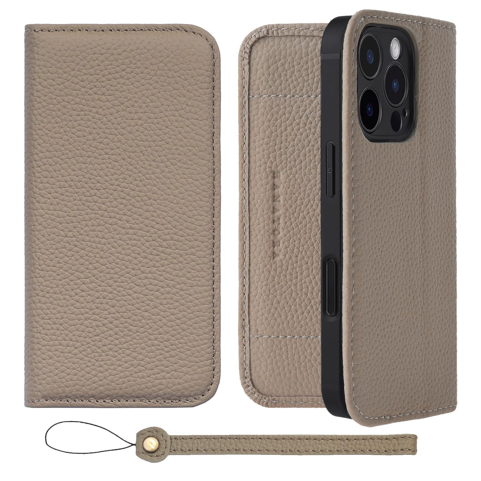 新品 HANATORA for iPhone 16ProMax ケース 手帳型 本革 スマホケース スマホ スタンド ストラップ 付き シュリンクカーフレザー ベルトなし マグネットなし グレージュ H1SPA-16ProMax-Grege ギフト 誕生日 女 7,475円