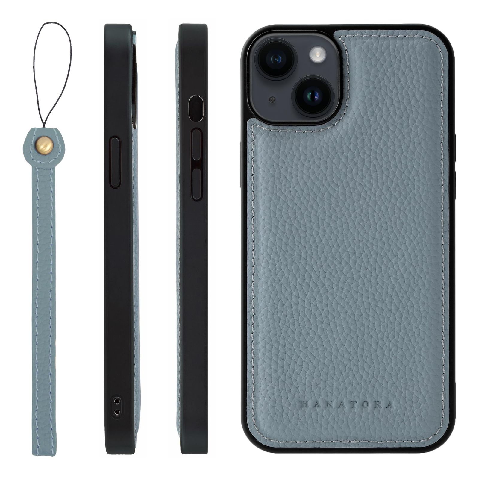新品 HANATORA for iPhone 14Plus ケース MagSafe 対応 本革 耐衝撃 バンパー型 スマホケース スマホ ストラップ 付き シュリンクレザー ギフト マグセーフ対応 ブルーグレー SMSGZ-14Plus-BlueGray