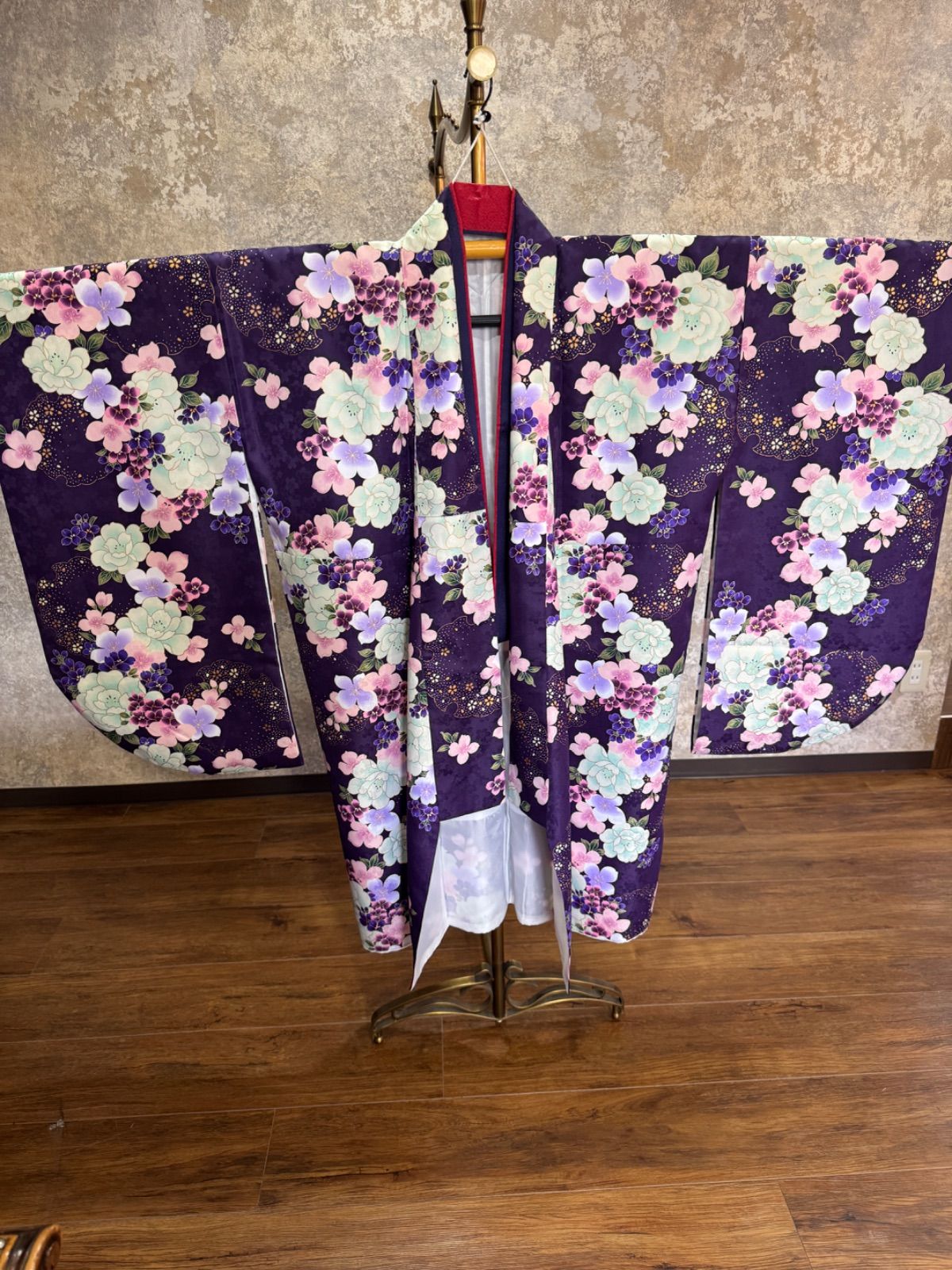 二尺袖着物　卒業袴用着物　レディース【7】紫色花柄