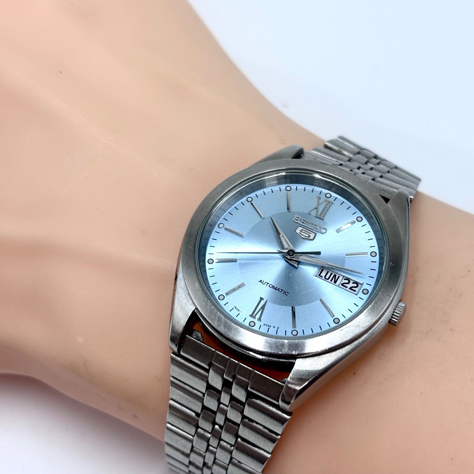 稼働】SEIKO 5/セイコーファイブ 腕時計 自動巻き/AT アイスブルー文字 