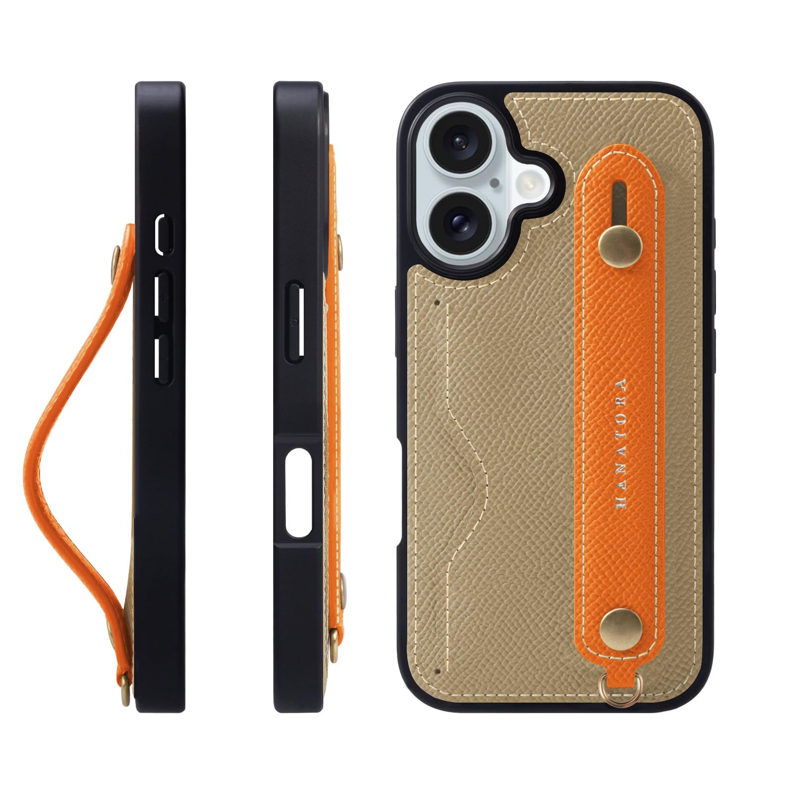 新品 HANATORA for iPhone 16 ケース 本革 耐衝撃 背面ベルト カードポケット スマホケース スマホ スタンド機能 ネック ストラップ 付き エンボスレザー ギフト マグネットなし グレージュ+オレンジ NCGH-16-Grege-OG